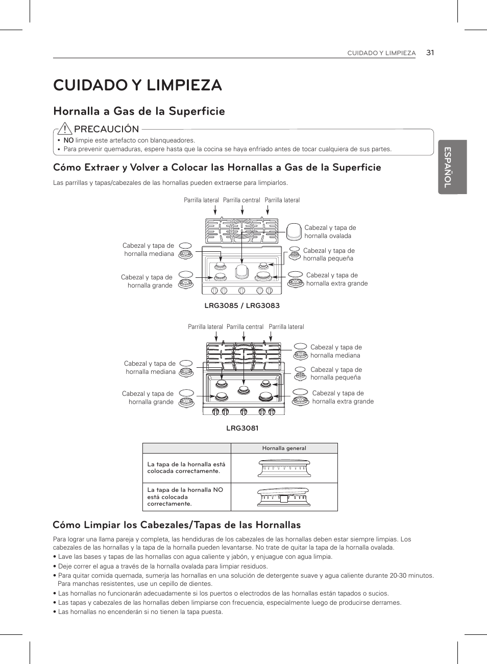 Cuidado y limpieza, Hornalla a gas de la superficie, Cómo limpiar los cabezales/tapas de las hornallas | Precaución | LG LRG3083ST User Manual | Page 76 / 93