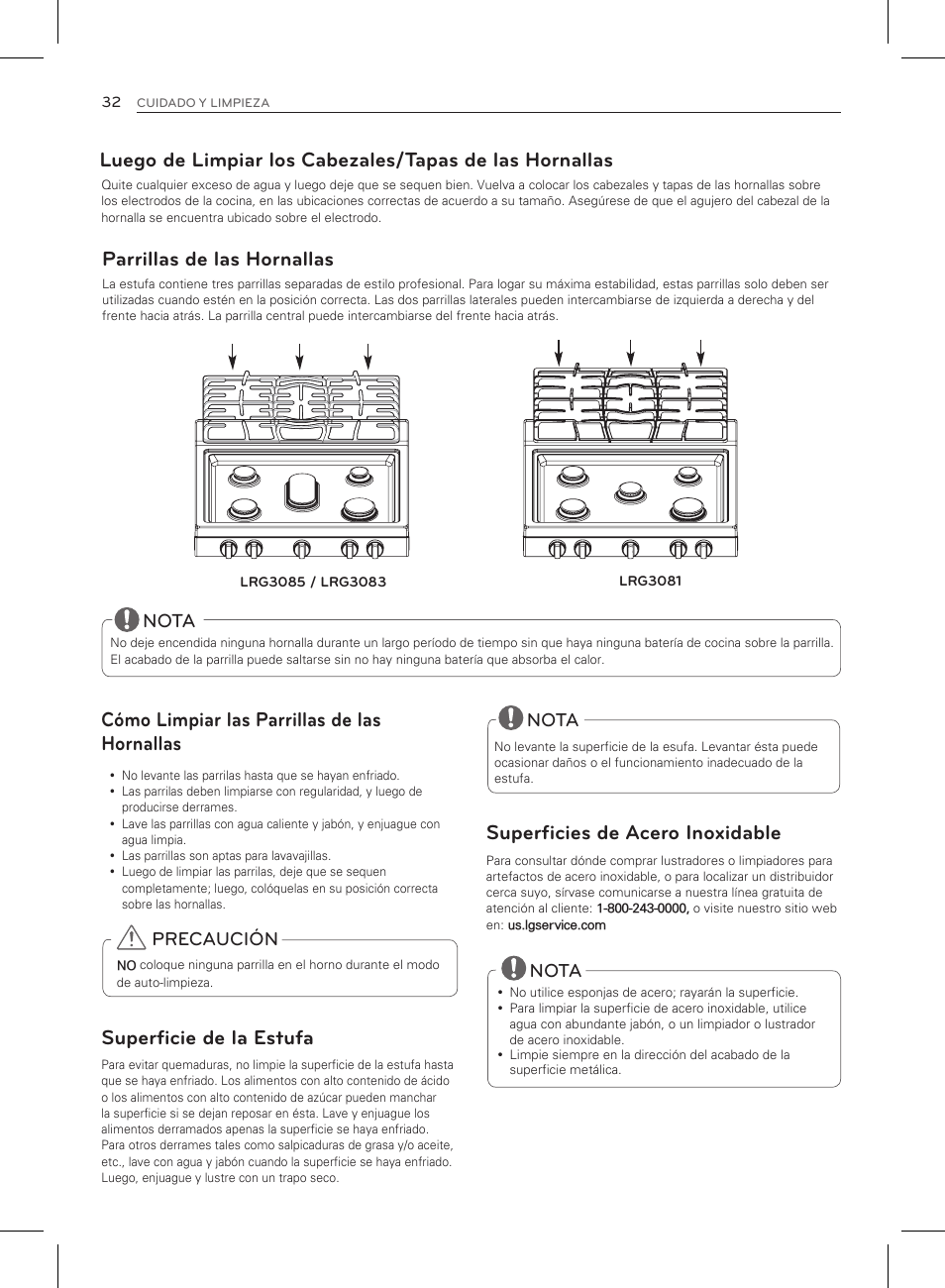 Parrillas de las hornallas, Superficie de la estufa, Cómo limpiar las parrillas de las hornallas | Superficies de acero inoxidable, Precaución, Nota | LG LRG3083ST User Manual | Page 77 / 93