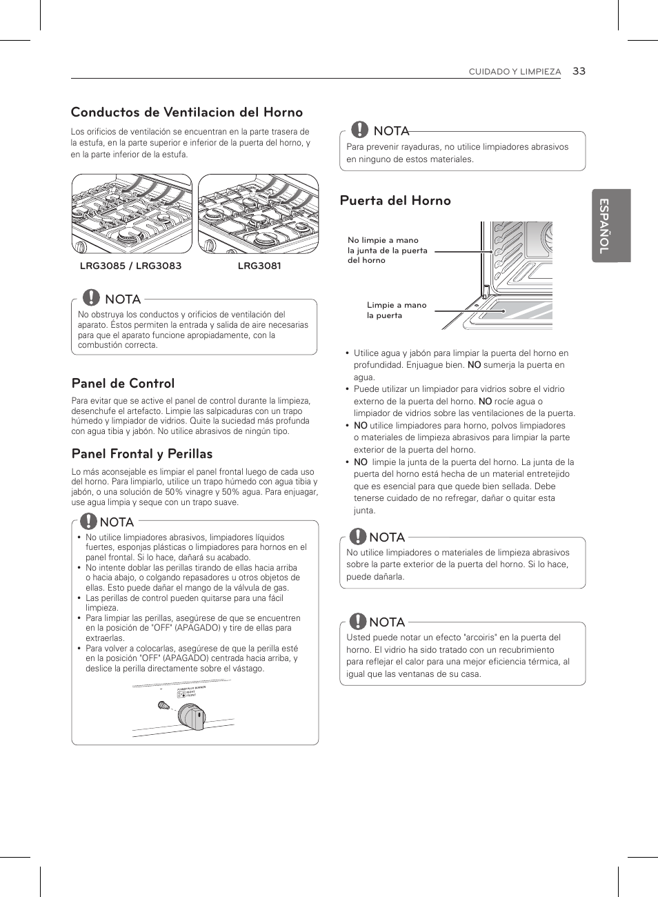 Conductos de ventilacion del horno, Panel de control, Panel frontal y perillas | Puerta del horno, Nota | LG LRG3083ST User Manual | Page 78 / 93