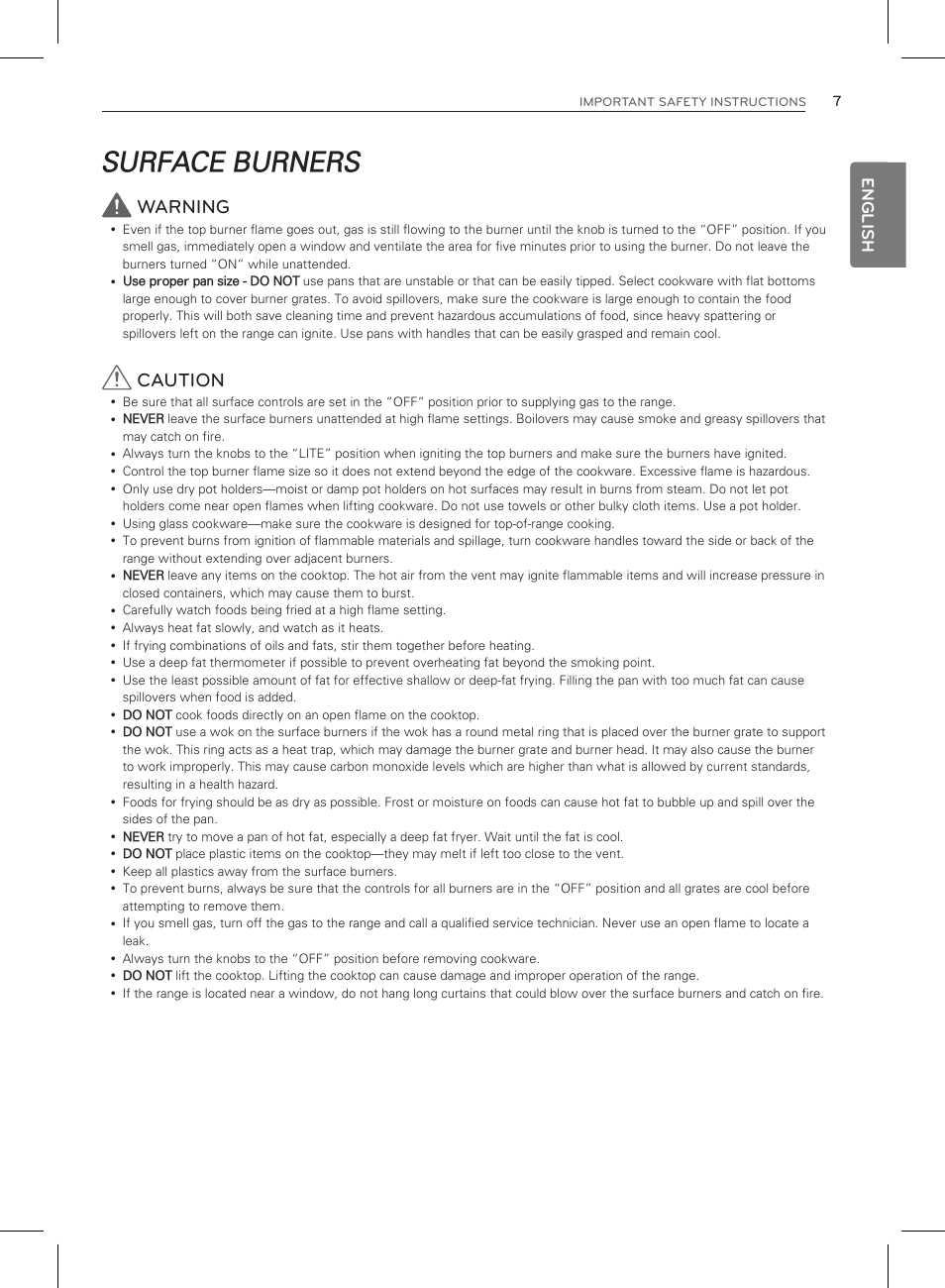 Surface burners, Warning, Caution | English | LG LRG3083ST User Manual | Page 8 / 93