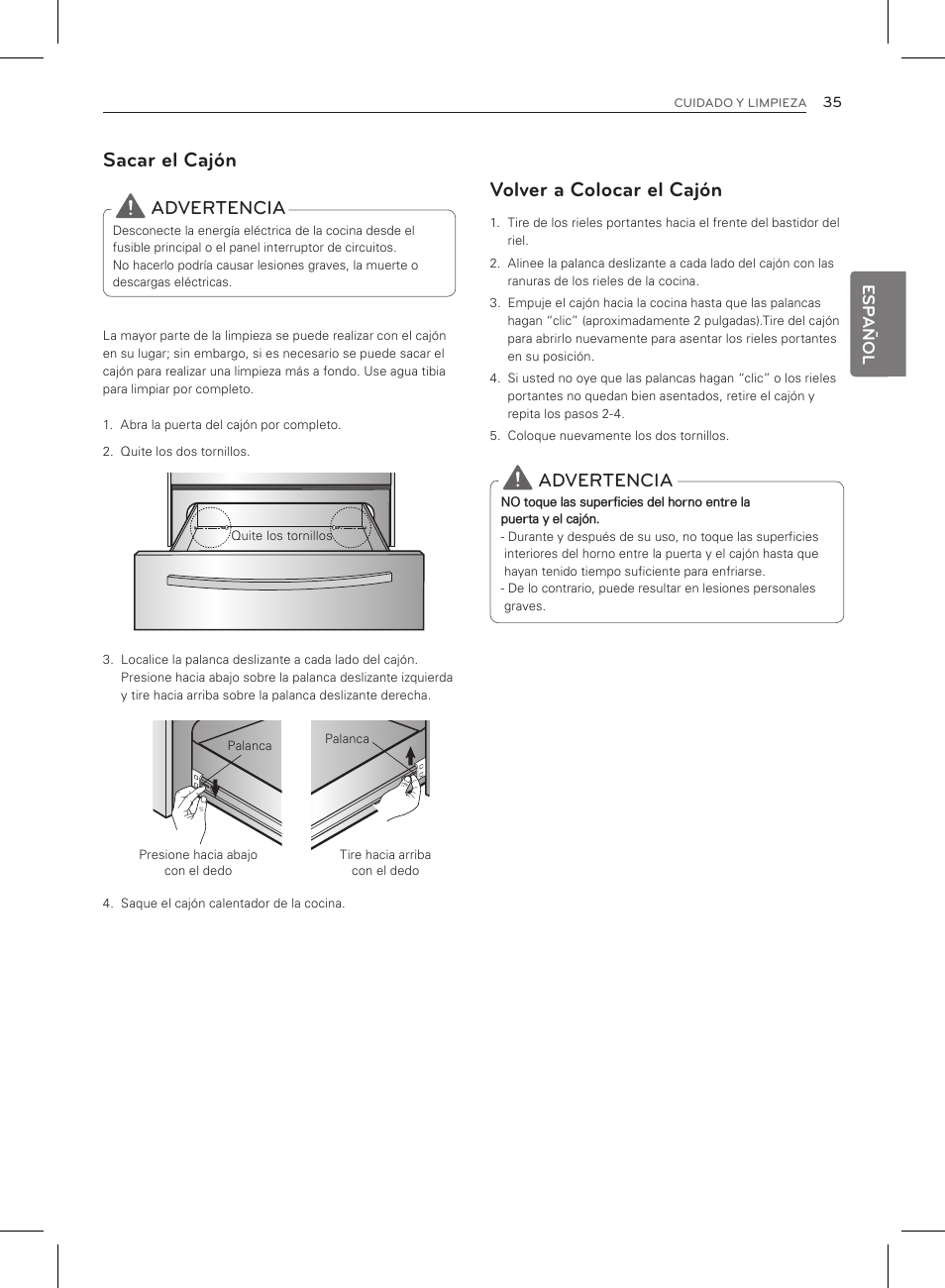 Sacar el cajón, Volver a colocar el cajón, Advertencia | LG LRG3083ST User Manual | Page 80 / 93