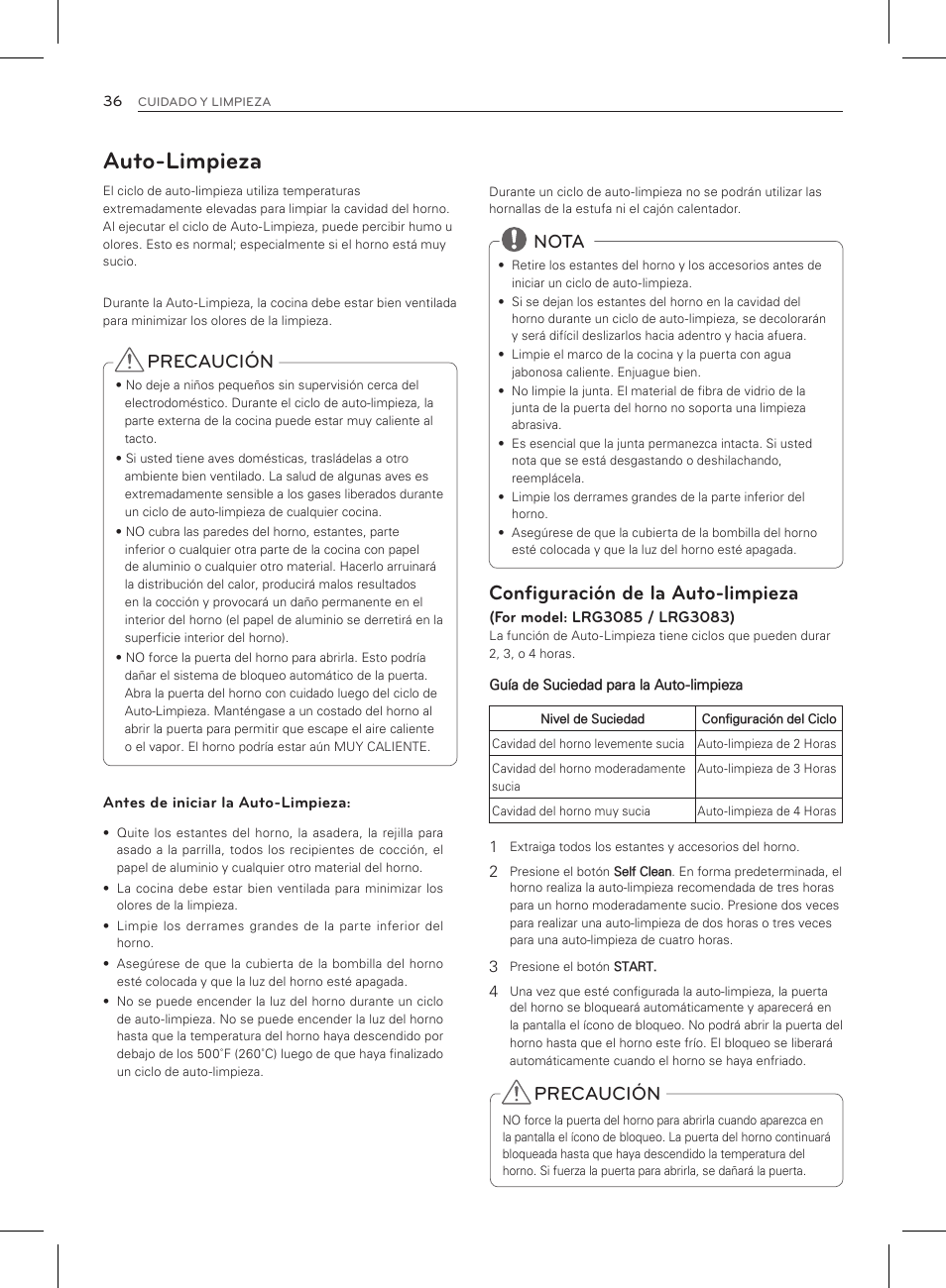 Auto-limpieza, Configuración de la auto-limpieza, Precaución | Nota | LG LRG3083ST User Manual | Page 81 / 93