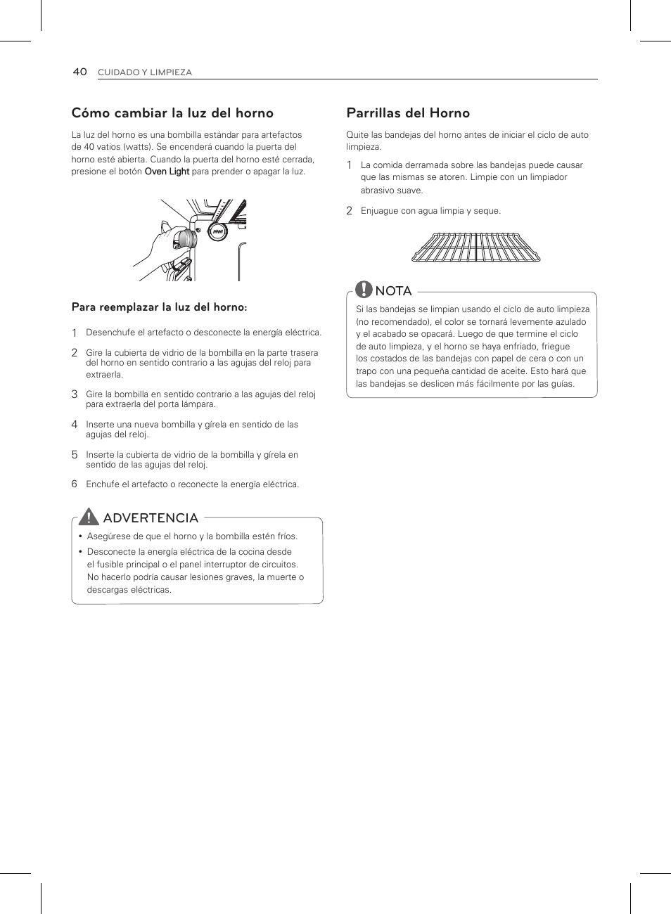 Cómo cambiar la luz del horno, Parrillas del horno, Nota | Advertencia | LG LRG3083ST User Manual | Page 85 / 93