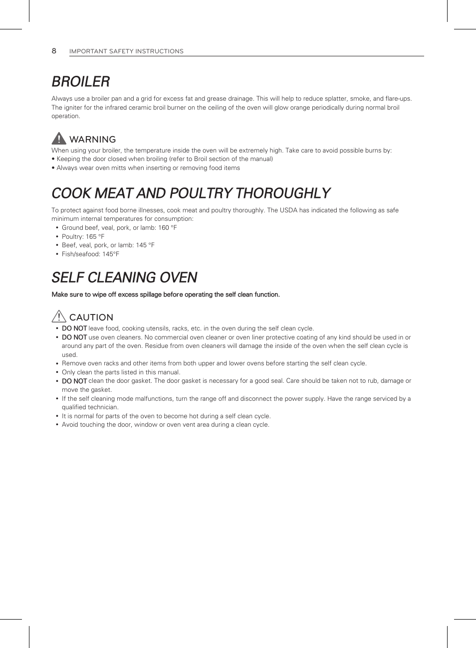 Broiler, Cook meat and poultry thoroughly, Self cleaning oven | Warning, Caution | LG LRG3083ST User Manual | Page 9 / 93