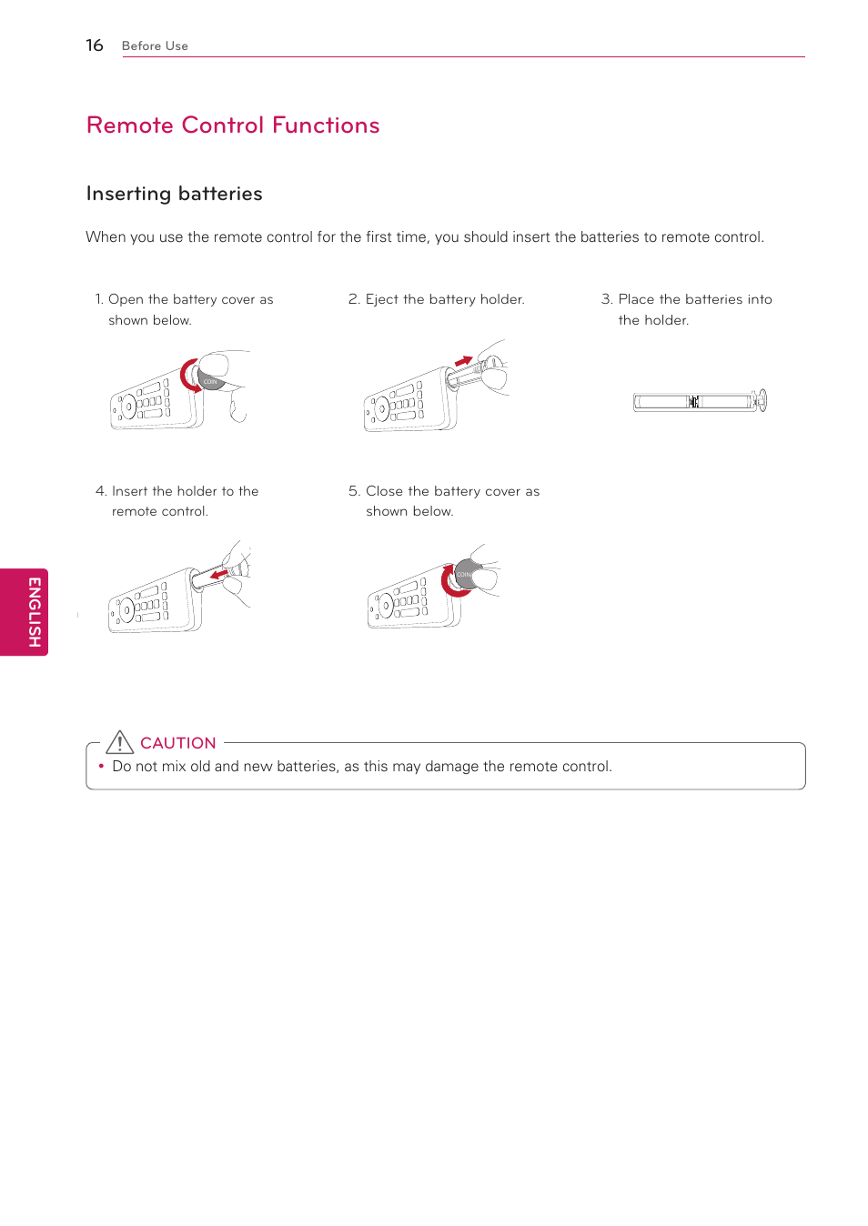 Remote control functions, Inserting batteries, P. 16) | English, Caution | LG 47G2 User Manual | Page 16 / 78