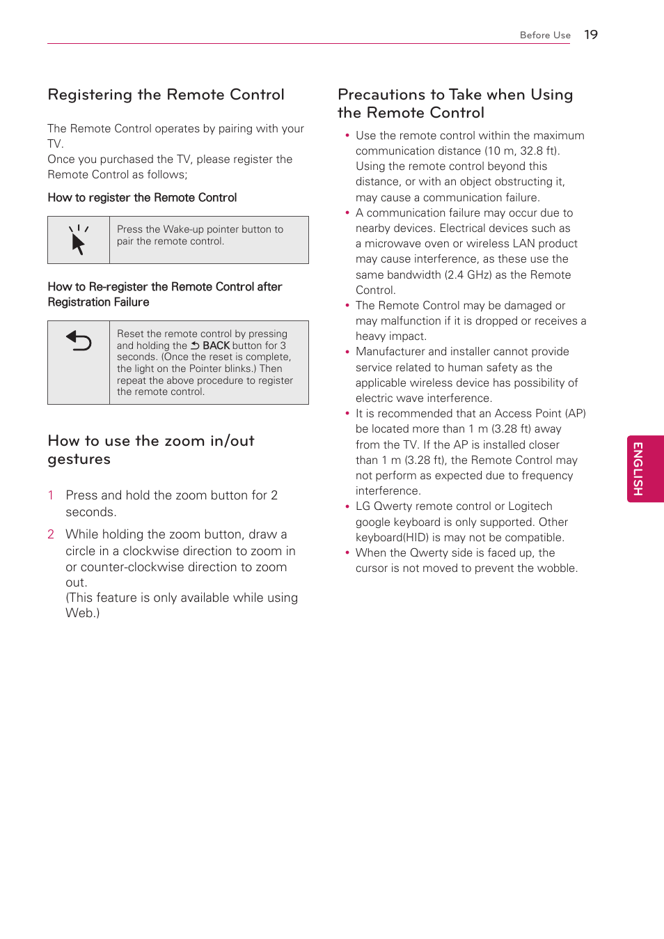 Registering the remote control, How to use the zoom in/out gestures, Precautions to take when using the remote control | Precautions to take when using the, Remote control | LG 47G2 User Manual | Page 19 / 78
