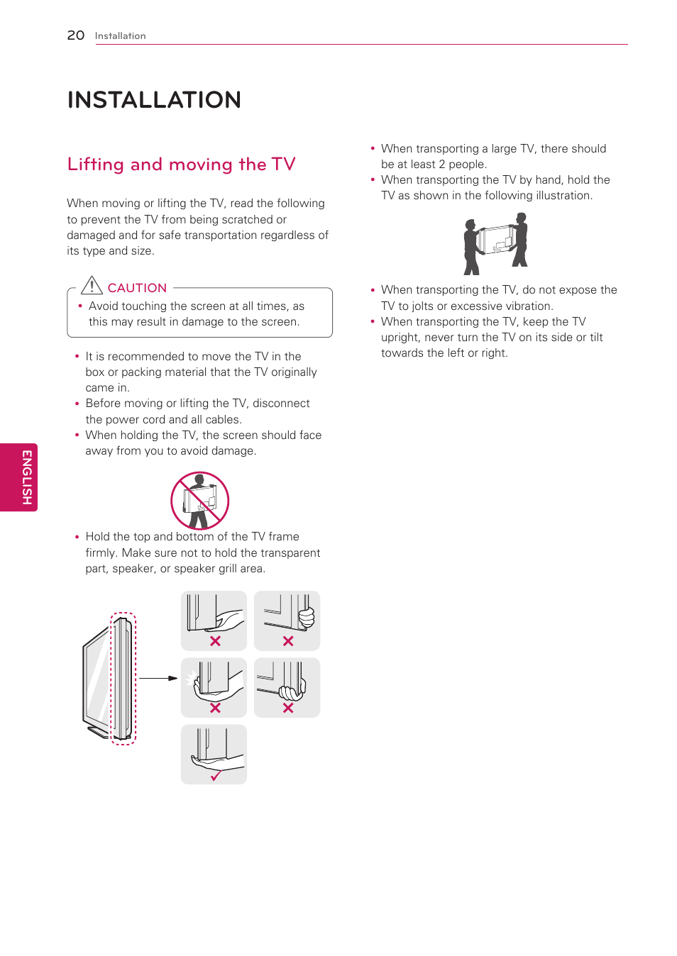 Installation, Lifting and moving the tv, 20 installation | LG 47G2 User Manual | Page 20 / 78