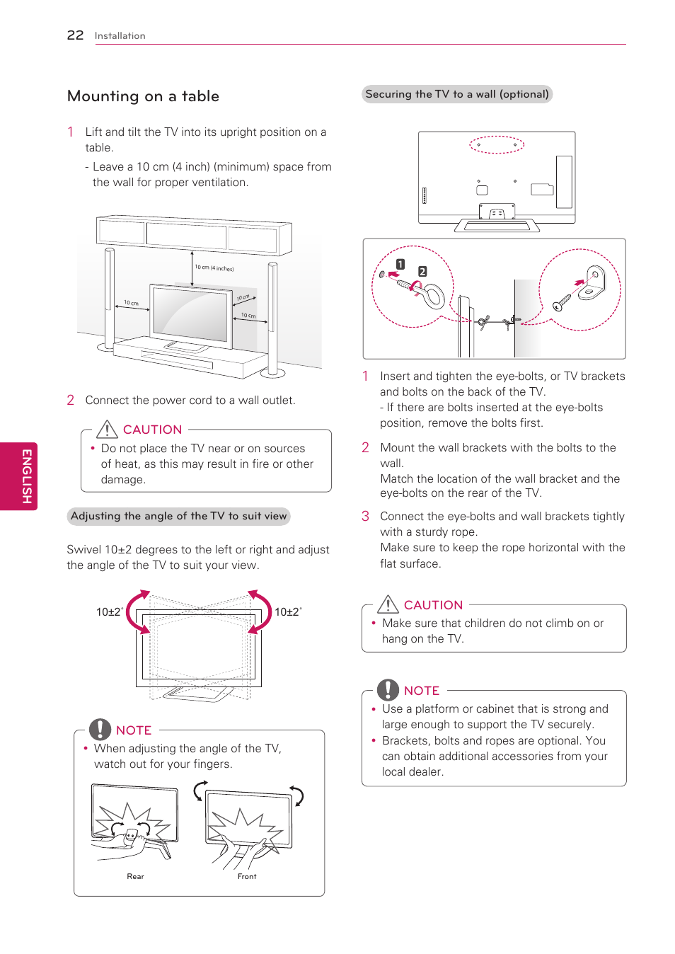 Mounting on a table | LG 47G2 User Manual | Page 22 / 78