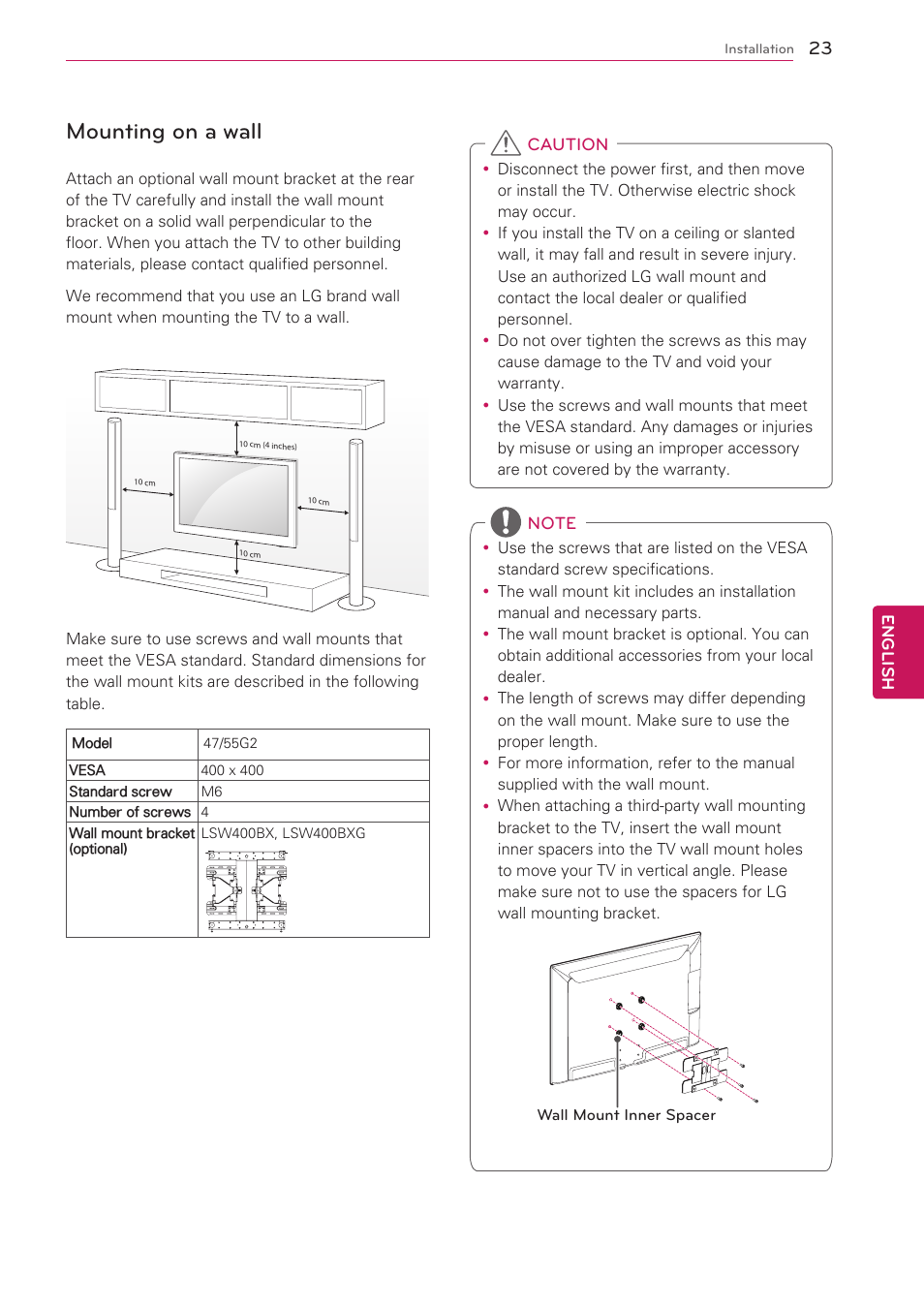 Mounting on a wall | LG 47G2 User Manual | Page 23 / 78