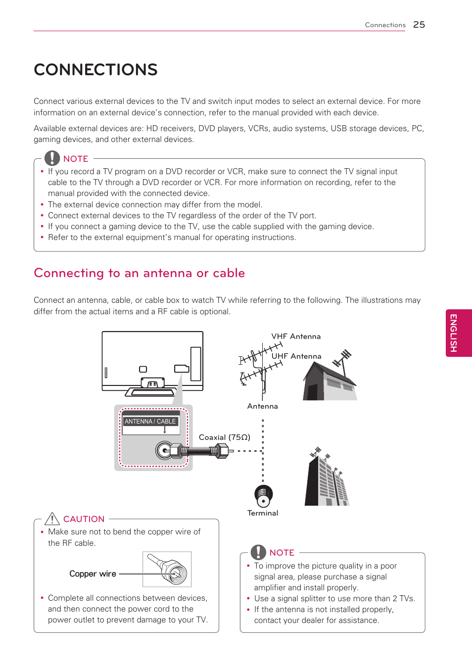 Connections, Connecting to an antenna or cable, 25 connections | LG 47G2 User Manual | Page 25 / 78