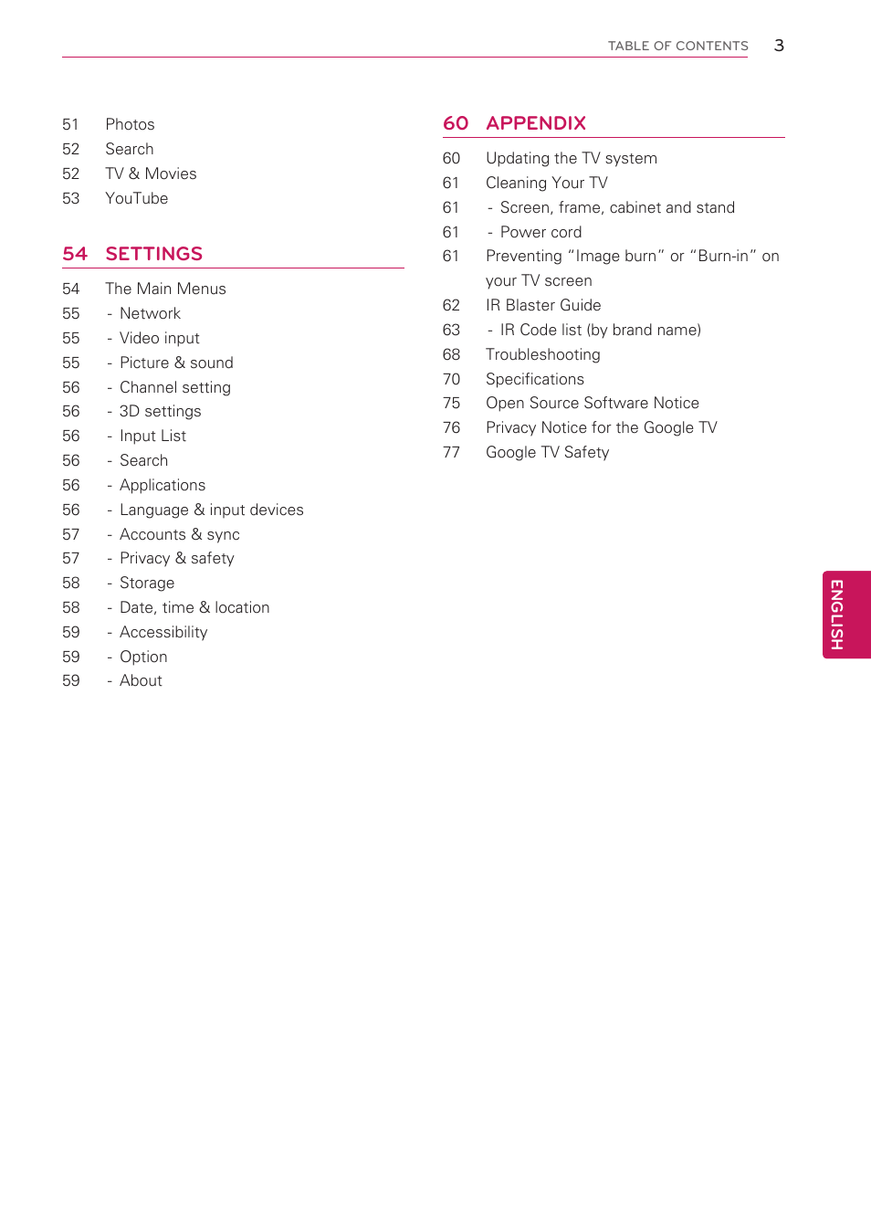 54 settings, 60 appendix | LG 47G2 User Manual | Page 3 / 78