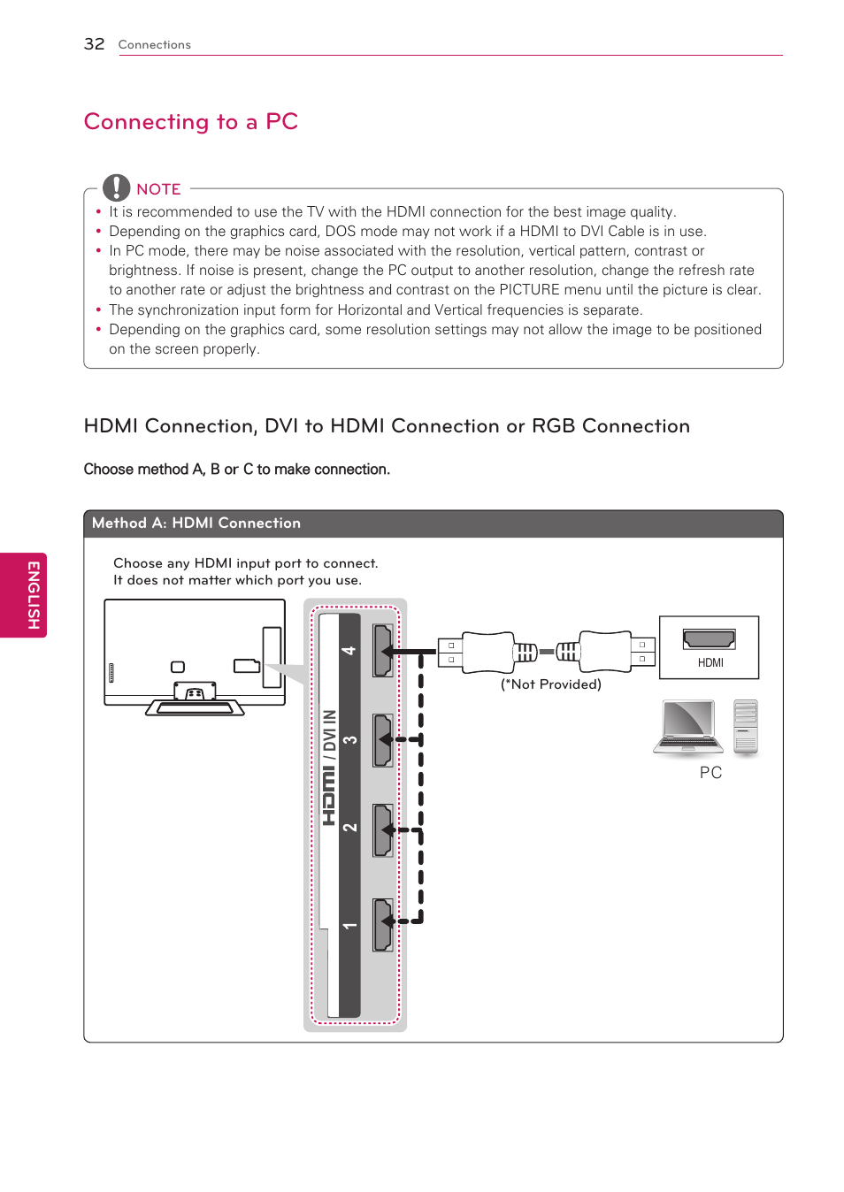 Connecting to a pc, Hdmi connection, dvi to hdmi con, Nection or rgb connection | LG 47G2 User Manual | Page 32 / 78