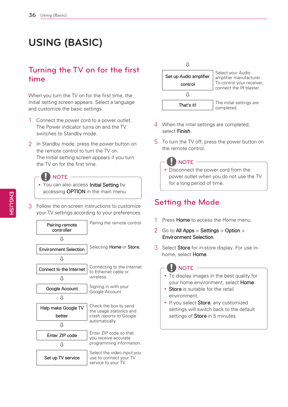 Using (basic), Turning the tv on for the first time, Setting the mode | 36 using (basic) | LG 47G2 User Manual | Page 36 / 78