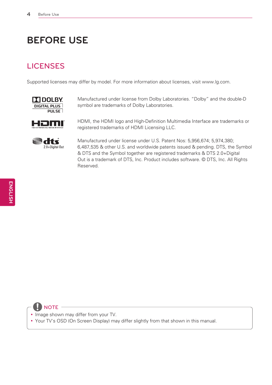 Before use, Licenses, 4 before use | LG 47G2 User Manual | Page 4 / 78