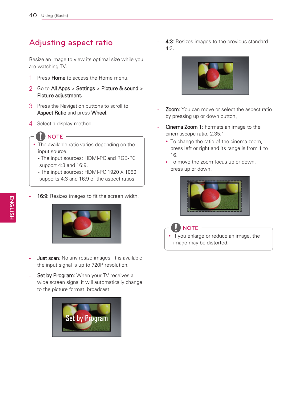 Adjusting aspect ratio, Set by program | LG 47G2 User Manual | Page 40 / 78