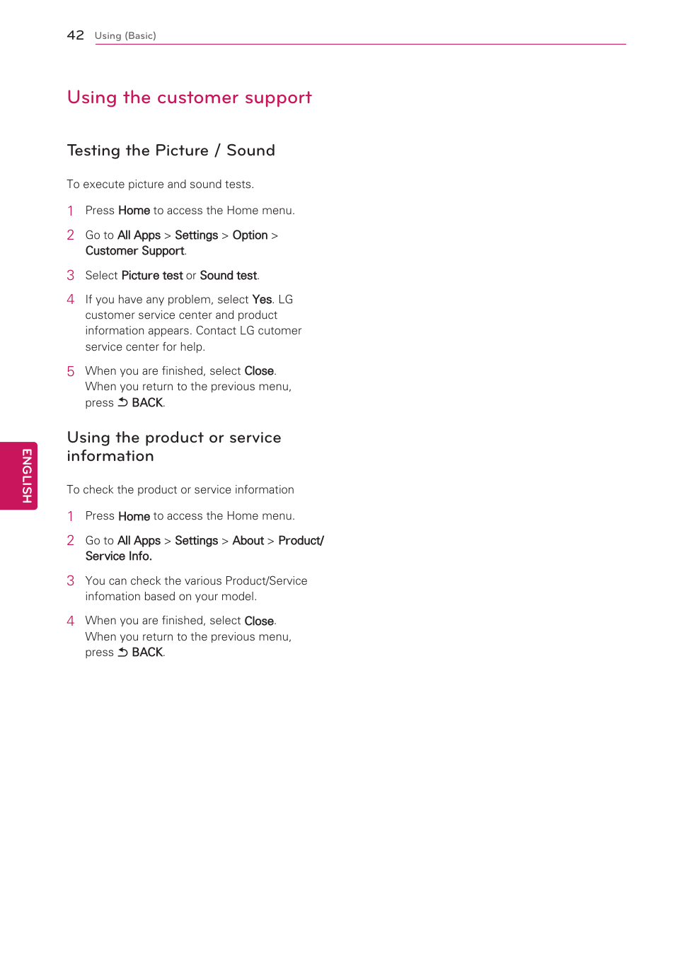 Using the customer support, Testing the picture / sound, Using the product or service information | Using the product or service, Information | LG 47G2 User Manual | Page 42 / 78