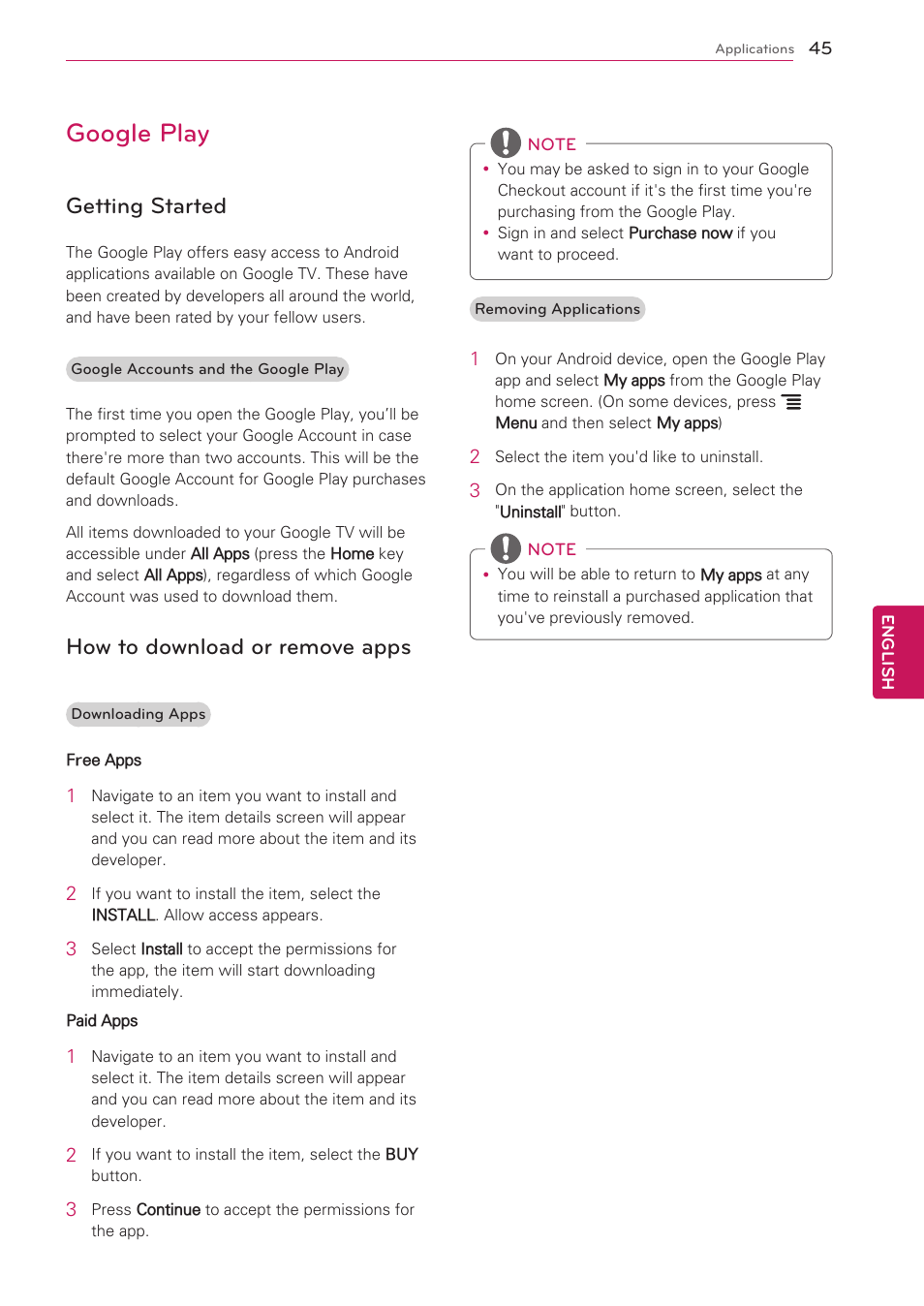 Google play, Getting started, How to download or remove apps | LG 47G2 User Manual | Page 45 / 78