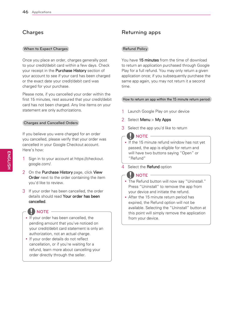 Charges, Returning apps | LG 47G2 User Manual | Page 46 / 78