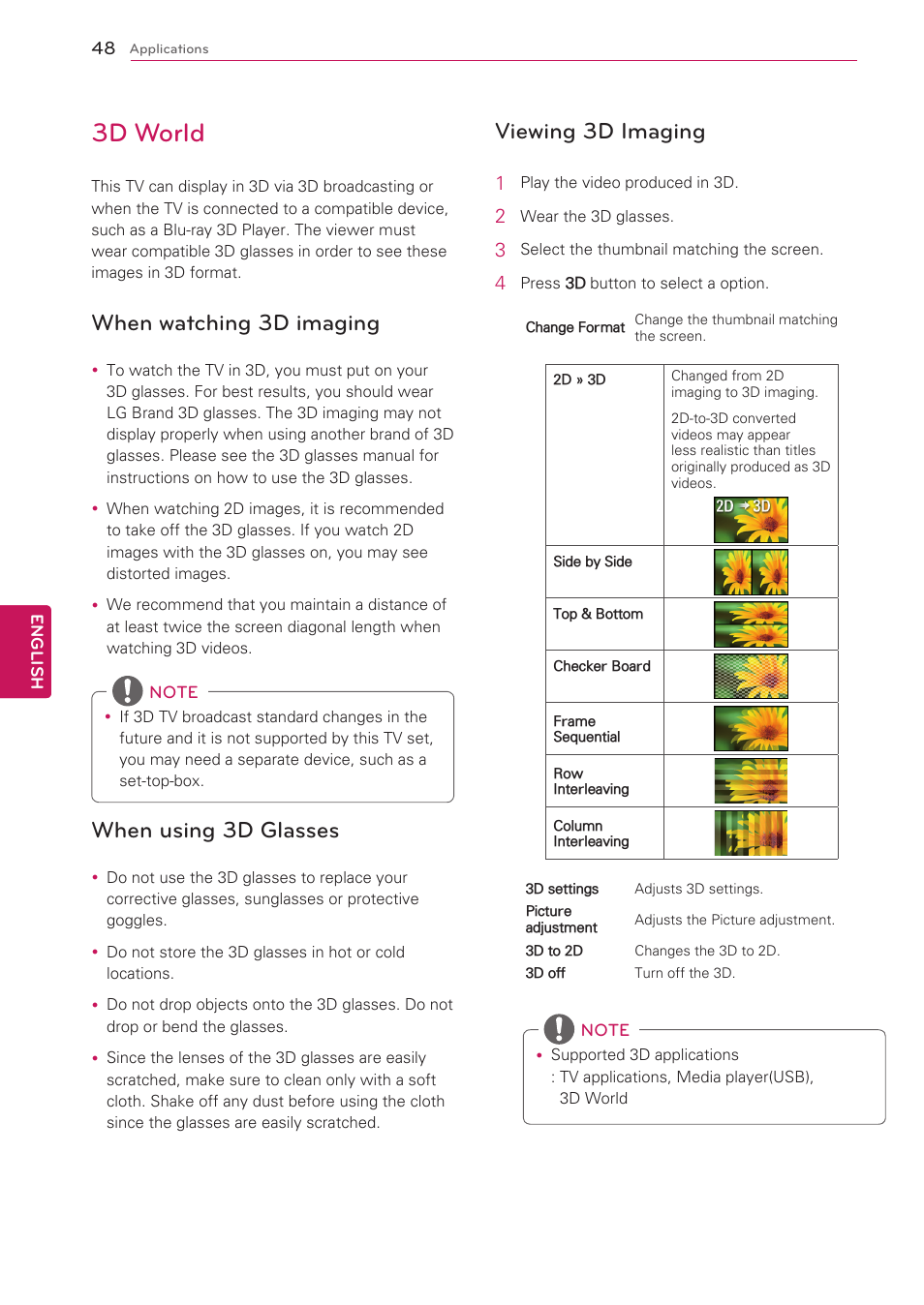 3d world, When watching 3d imaging, When using 3d glasses | Viewing 3d imaging | LG 47G2 User Manual | Page 48 / 78