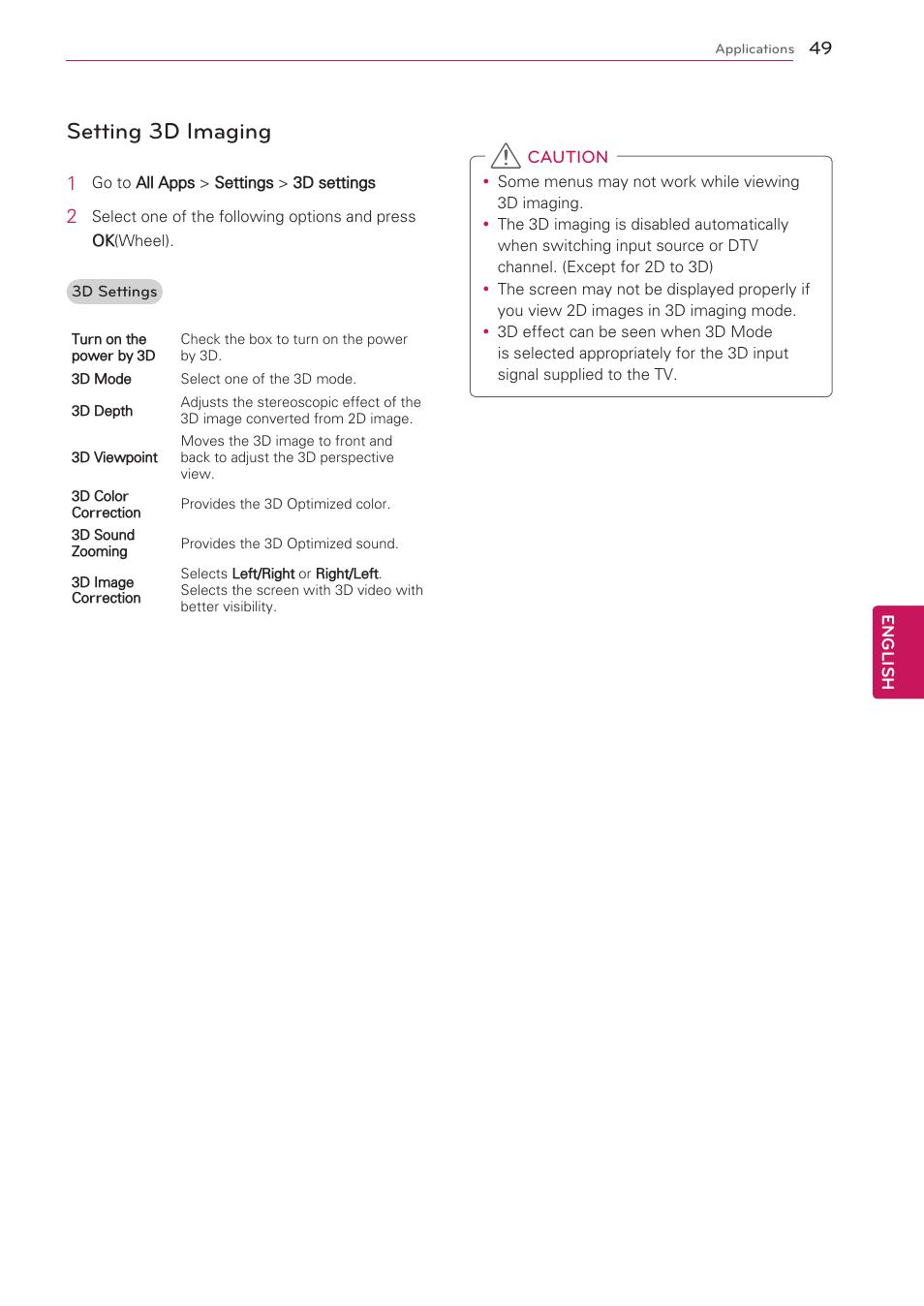 Setting 3d imaging | LG 47G2 User Manual | Page 49 / 78