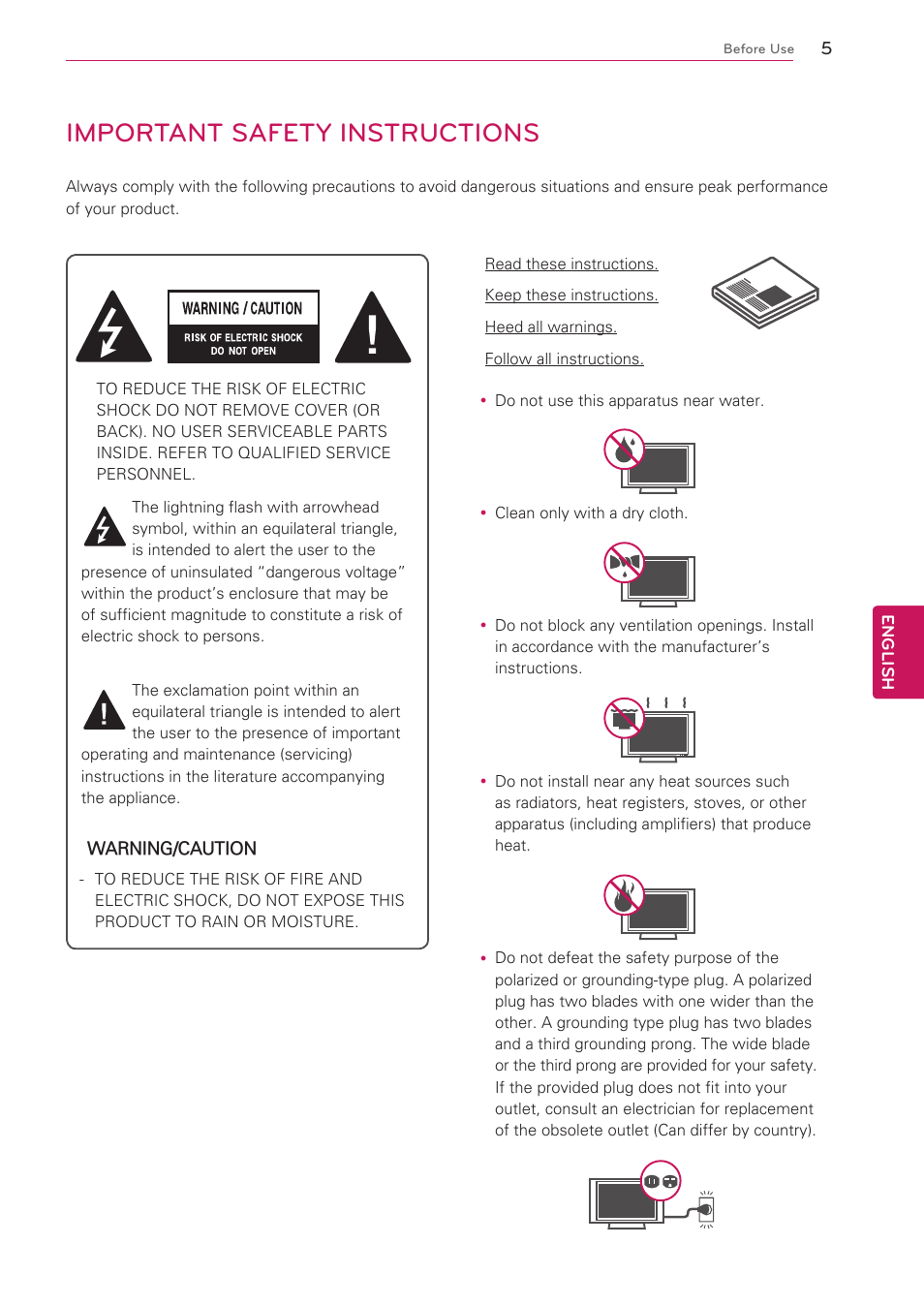 Important safety instructions, English, Warning/caution | Yclean only with a dry cloth, Before use, Short-circuit breaker power supply | LG 47G2 User Manual | Page 5 / 78