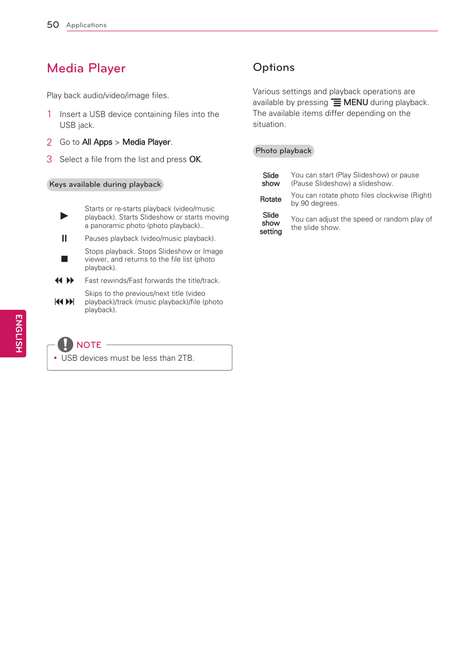 Media player, Options | LG 47G2 User Manual | Page 50 / 78