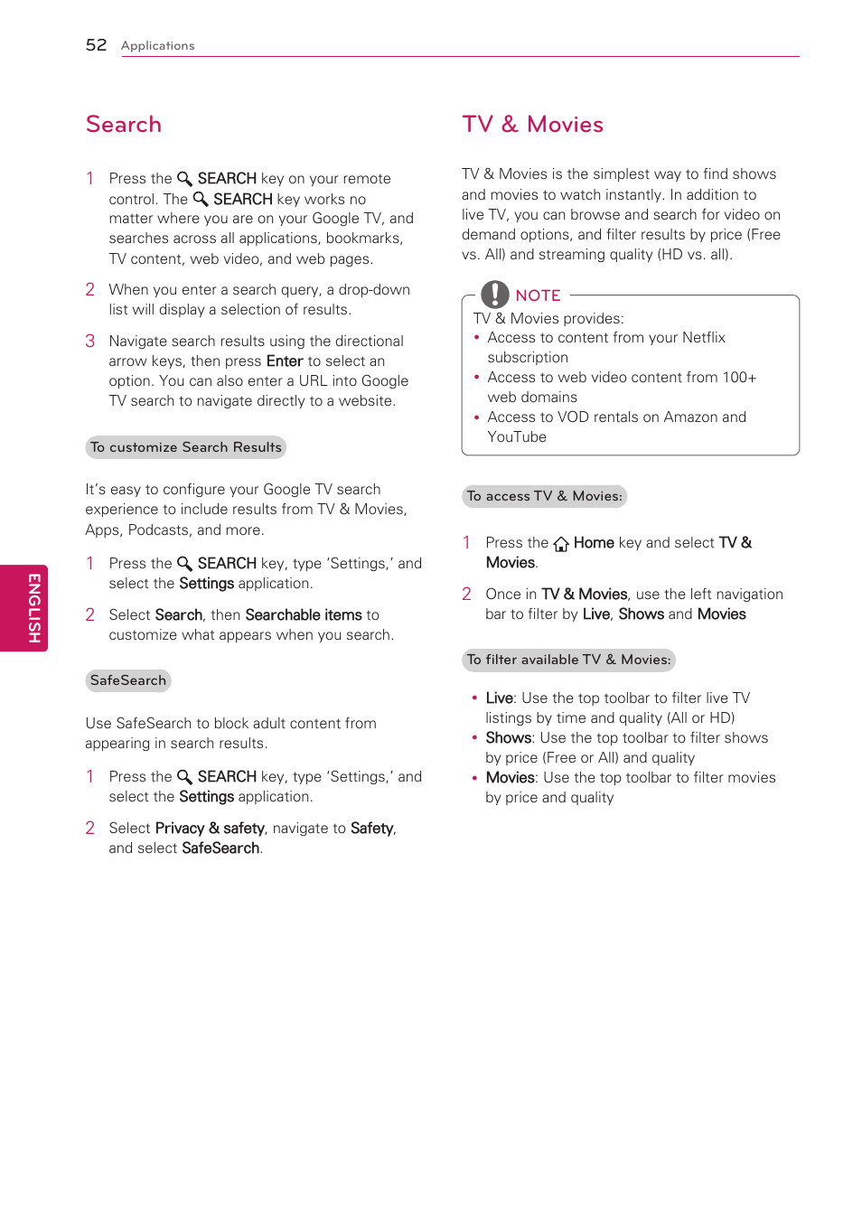 Search, Tv & movies | LG 47G2 User Manual | Page 52 / 78