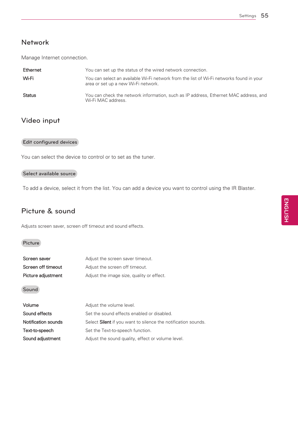 Network, Video input, Picture & sound | LG 47G2 User Manual | Page 55 / 78
