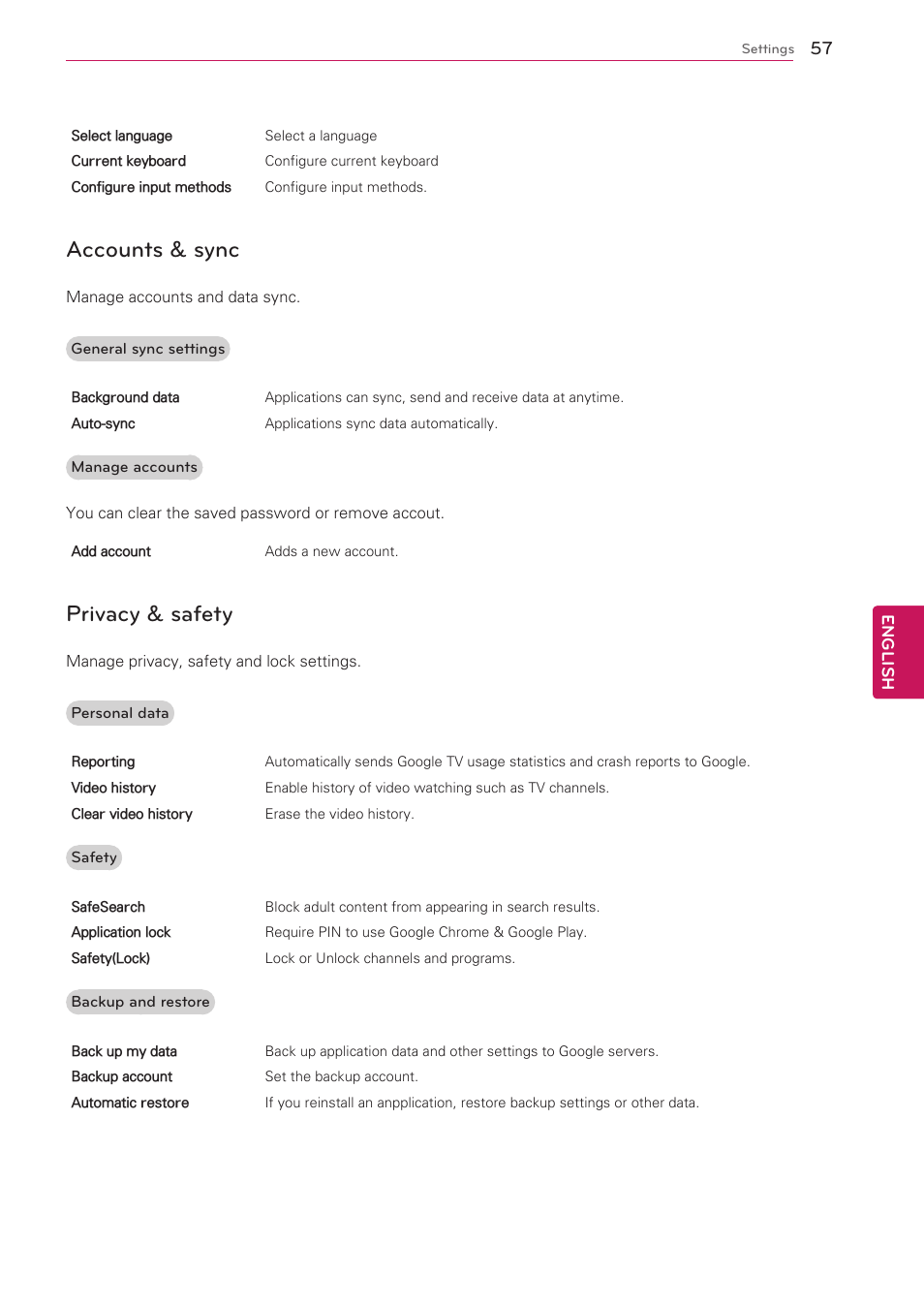Accounts & sync, Privacy & safety | LG 47G2 User Manual | Page 57 / 78