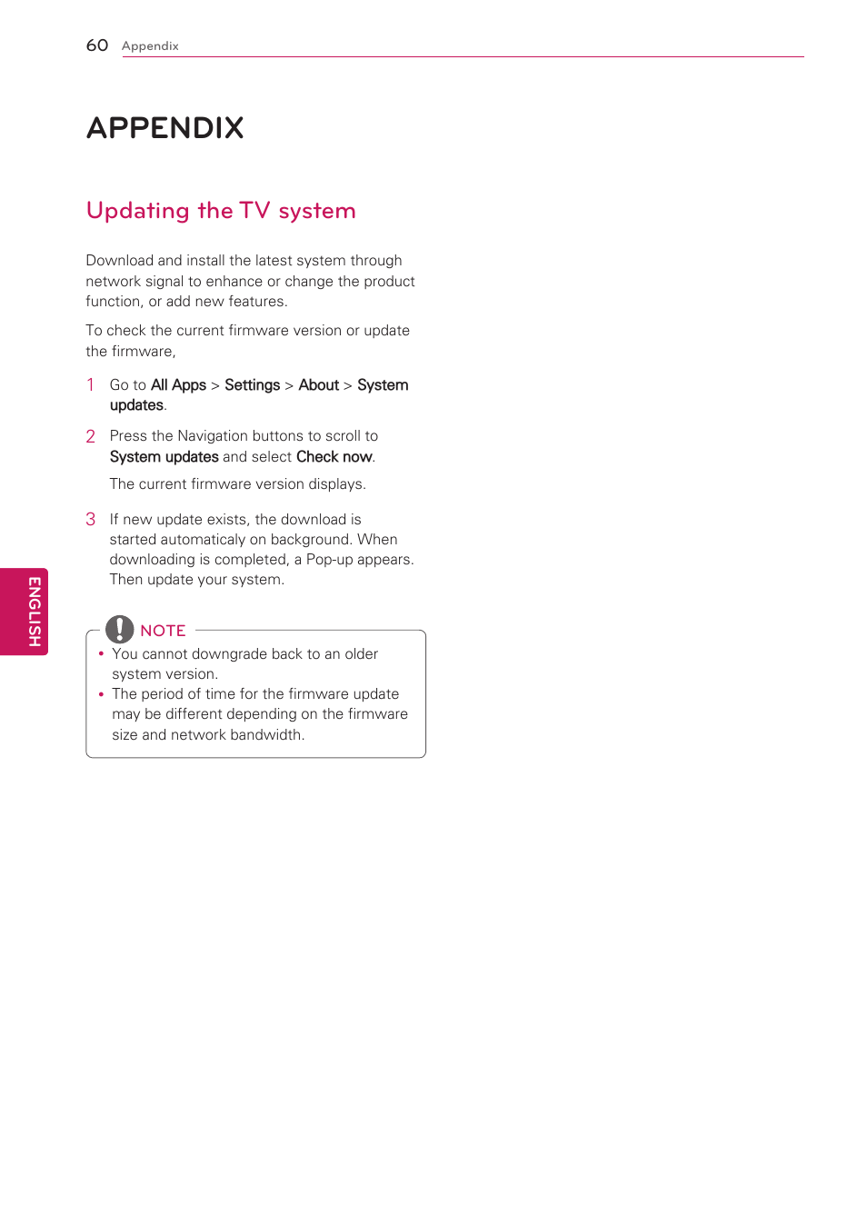 Appendix, Updating the tv system, 60 appendix | LG 47G2 User Manual | Page 60 / 78