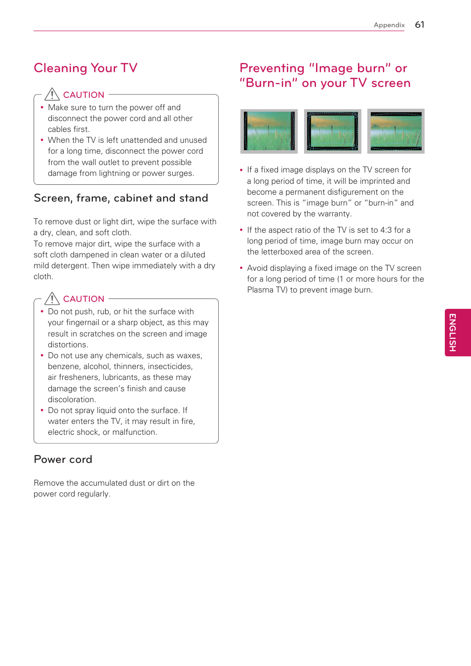 Cleaning your tv, Screen, frame, cabinet and stand, Power cord | LG 47G2 User Manual | Page 61 / 78