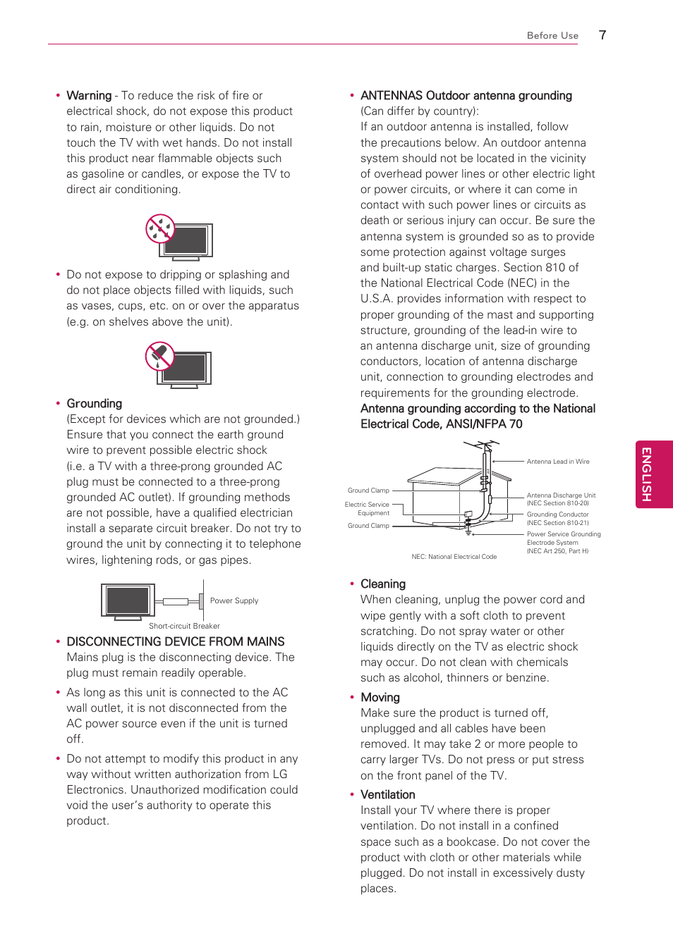 Short-circuit breaker power supply, Nec: national electrical code, English | LG 47G2 User Manual | Page 7 / 78