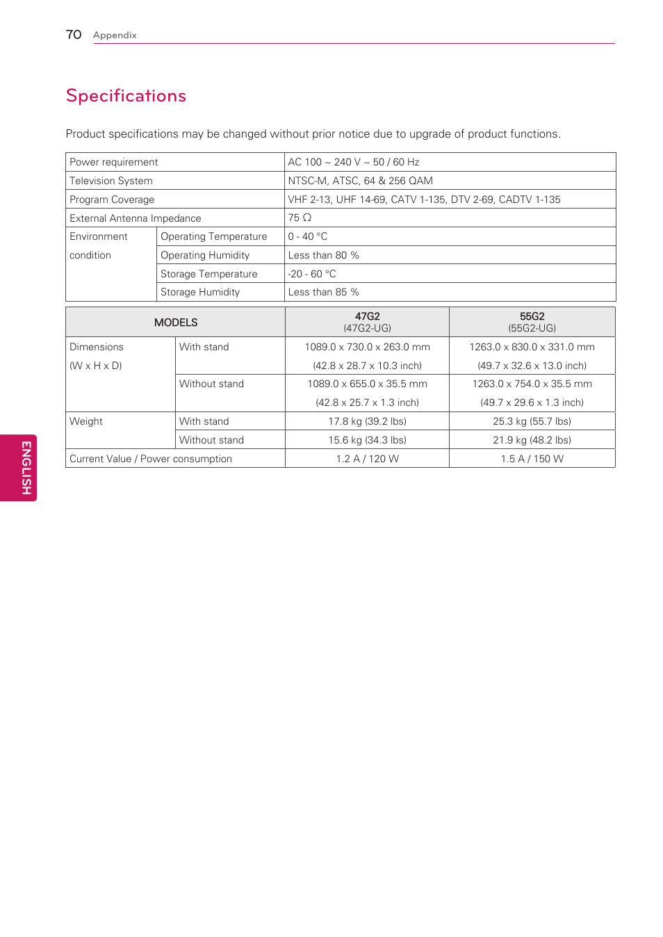 Specifications | LG 47G2 User Manual | Page 70 / 78