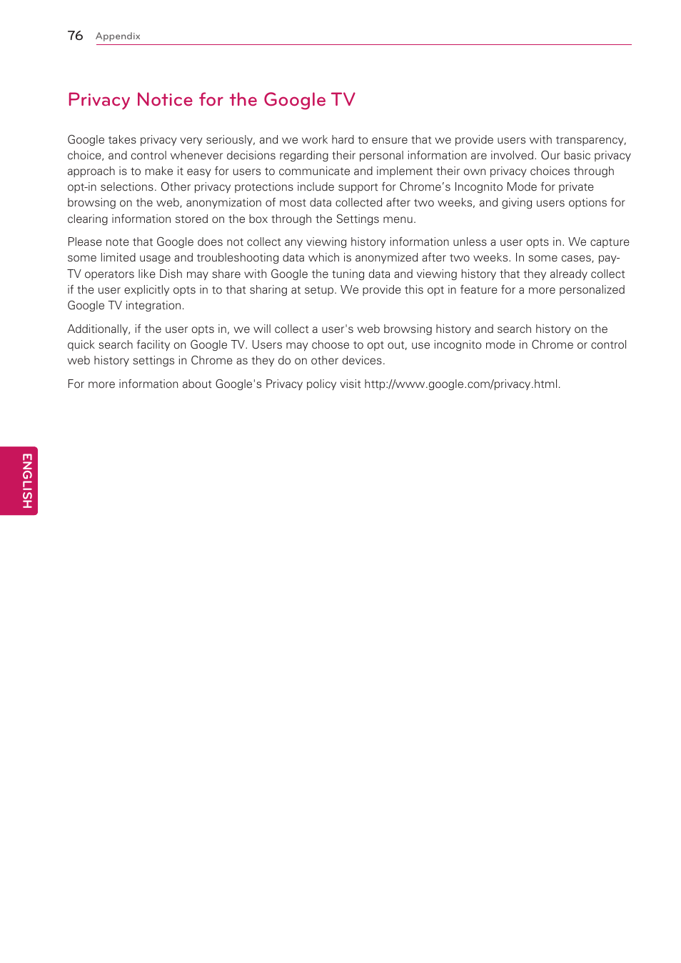 Privacy notice for the google tv | LG 47G2 User Manual | Page 76 / 78
