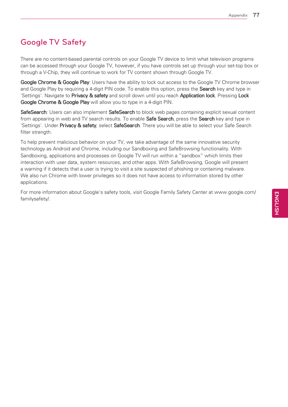 Google tv safety | LG 47G2 User Manual | Page 77 / 78