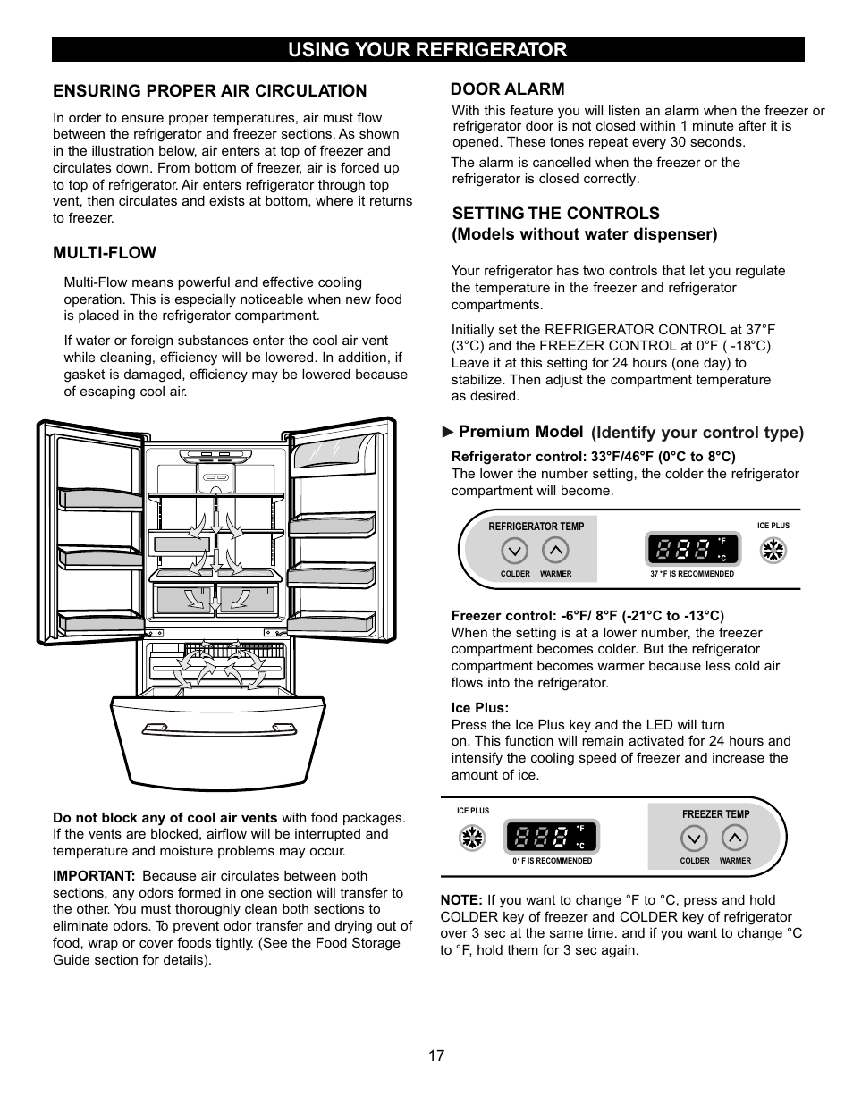 Using your refrigerator, Ensuring proper air circulation, Multi-flow | Setting the controls, Models without water dispenser), Door alarm, Premium model (identify your control type) | LG LFD22860ST User Manual | Page 16 / 35