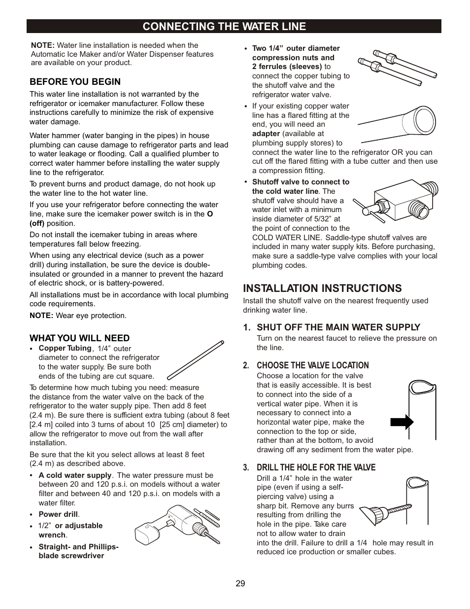 Installation instructions, Connecting the water line | LG LFD22860ST User Manual | Page 28 / 35