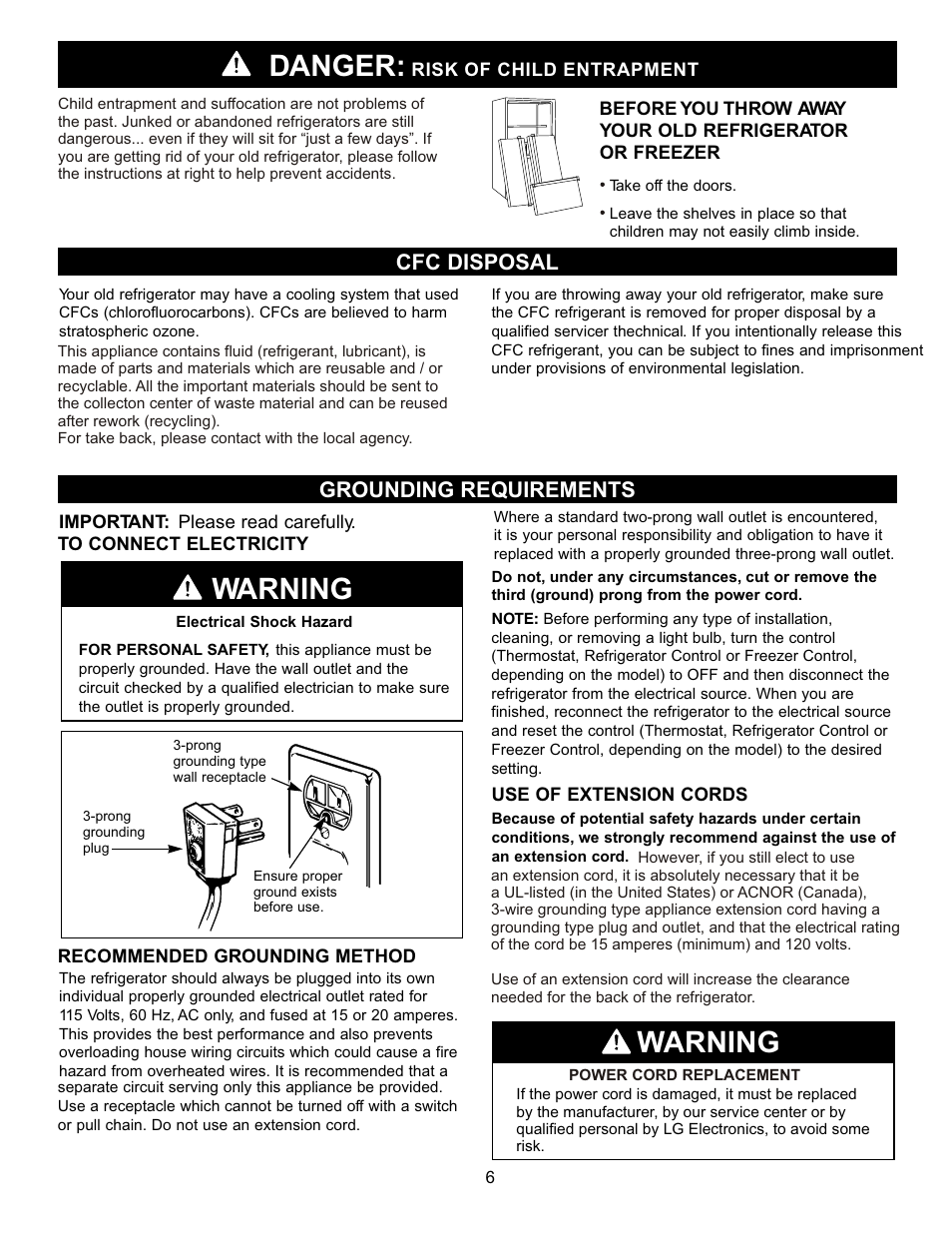 Warning, Danger, Cfc disposal grounding requirements | LG LFD22860ST User Manual | Page 5 / 35