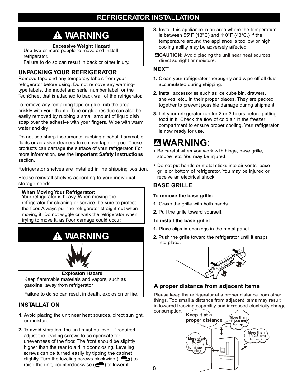 Warning, Refrigerator installation | LG LFD22860ST User Manual | Page 7 / 35