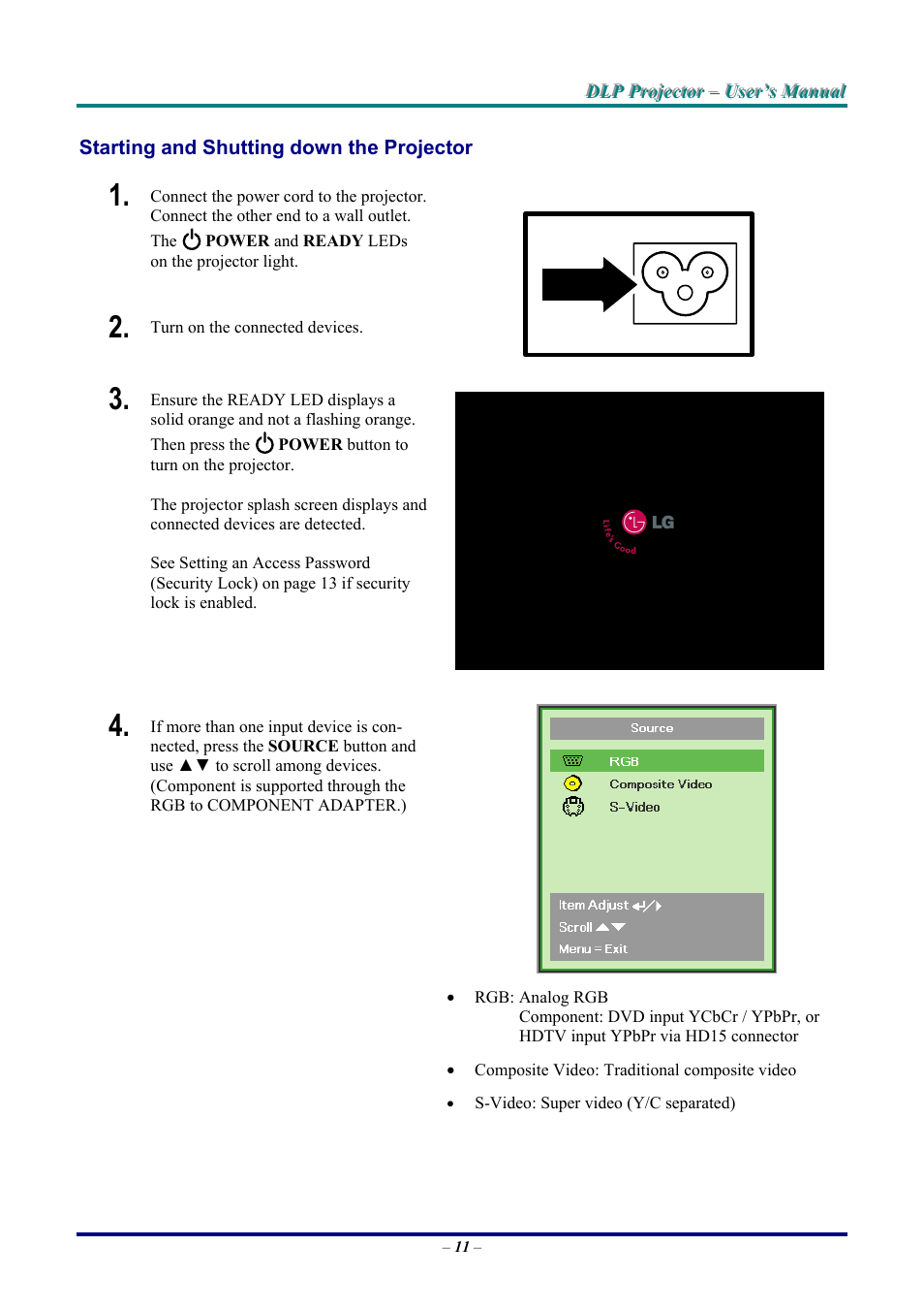 Starting and shutting down the projector, Tarting and, Hutting down the | Rojector | LG DX325 User Manual | Page 17 / 50