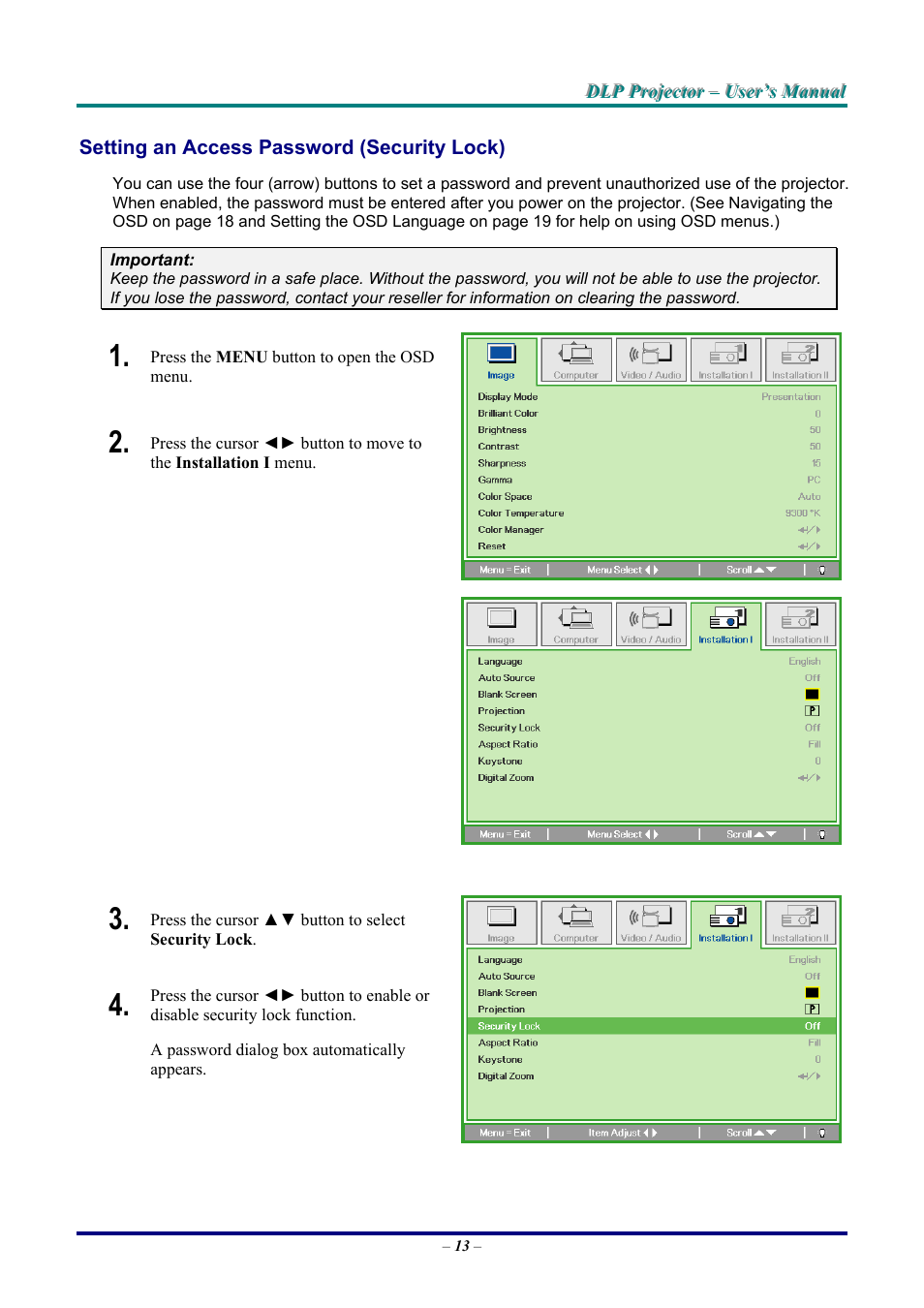 Setting an access password (security lock), Etting an, Ccess | Assword, Ecurity | LG DX325 User Manual | Page 19 / 50