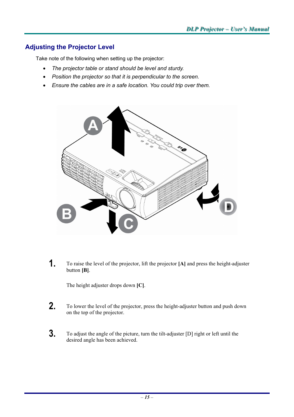 Adjusting the projector level, Djusting the, Rojector | Evel | LG DX325 User Manual | Page 21 / 50