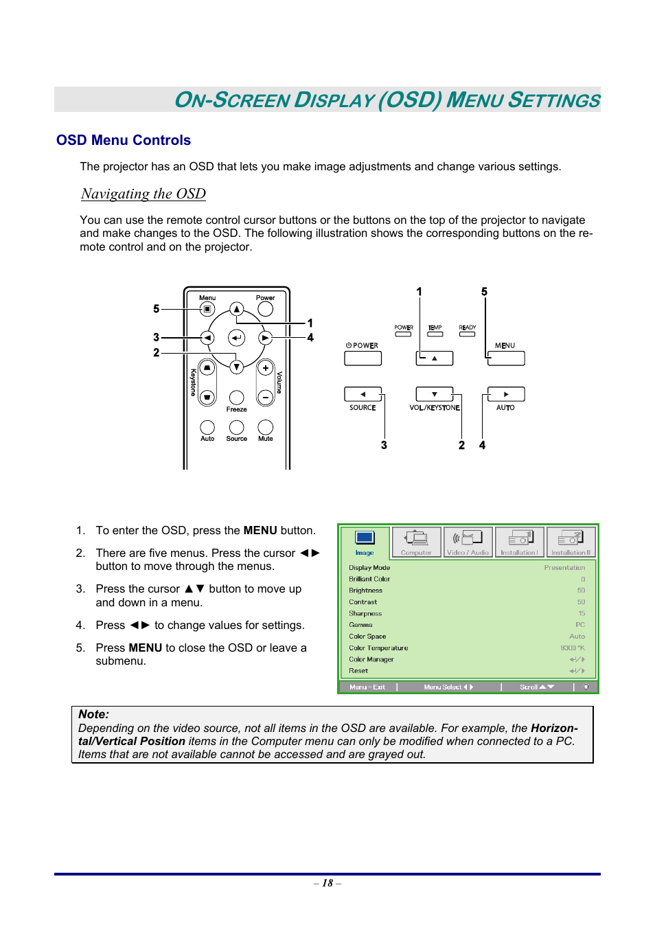On-screen display (osd) menu settings, Osd menu controls, Navigating the osd | Ontrols, Osd), Creen, Isplay, Ettings | LG DX325 User Manual | Page 24 / 50