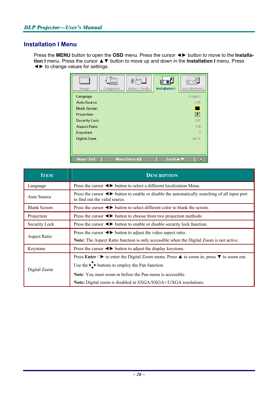 Installation i menu, Nstallation | LG DX325 User Manual | Page 32 / 50