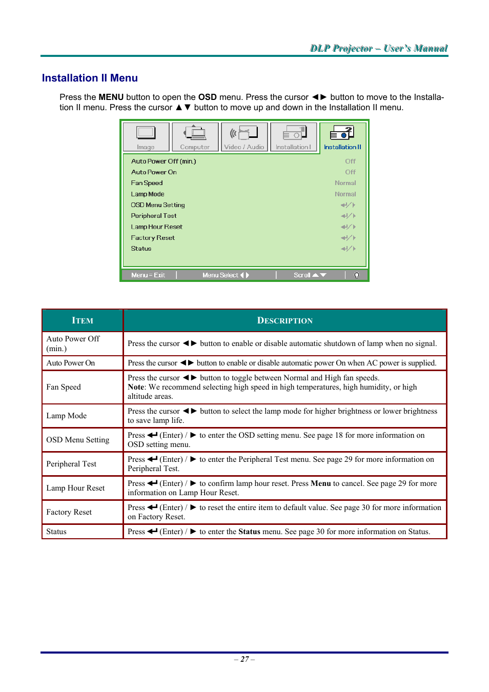 Installation ii menu, Nstallation | LG DX325 User Manual | Page 33 / 50