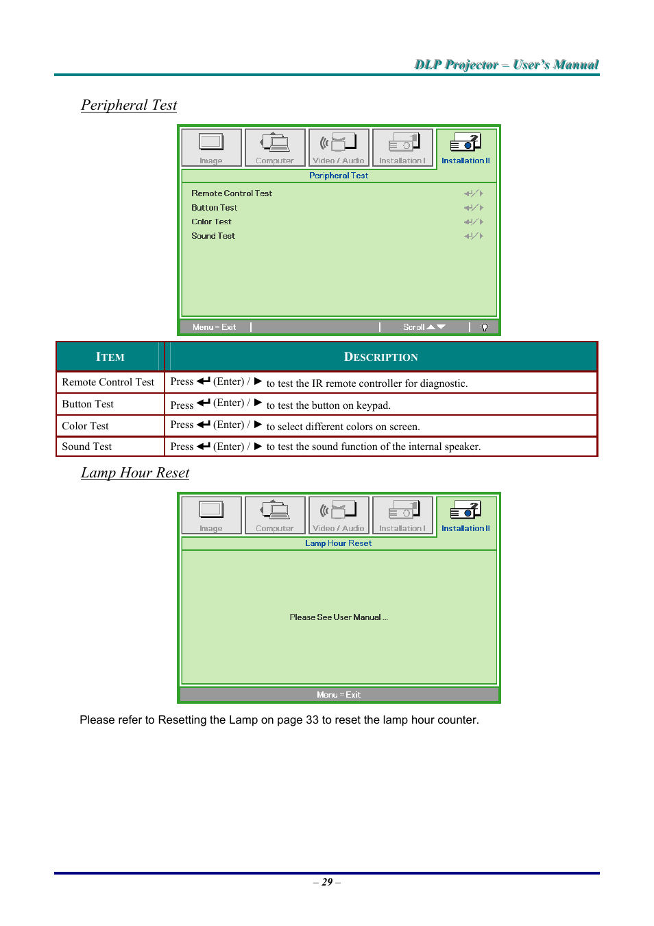 Peripheral test, Lamp hour reset, Ge 29 | LG DX325 User Manual | Page 35 / 50