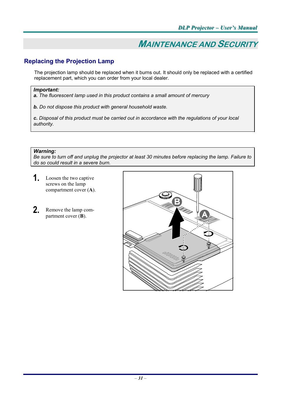 Maintenance and security, Replacing the projection lamp, Rrectly. see replacing the projection lamp on pa | Eplacing the, Rojection, Aintenance and, Ecurity | LG DX325 User Manual | Page 37 / 50