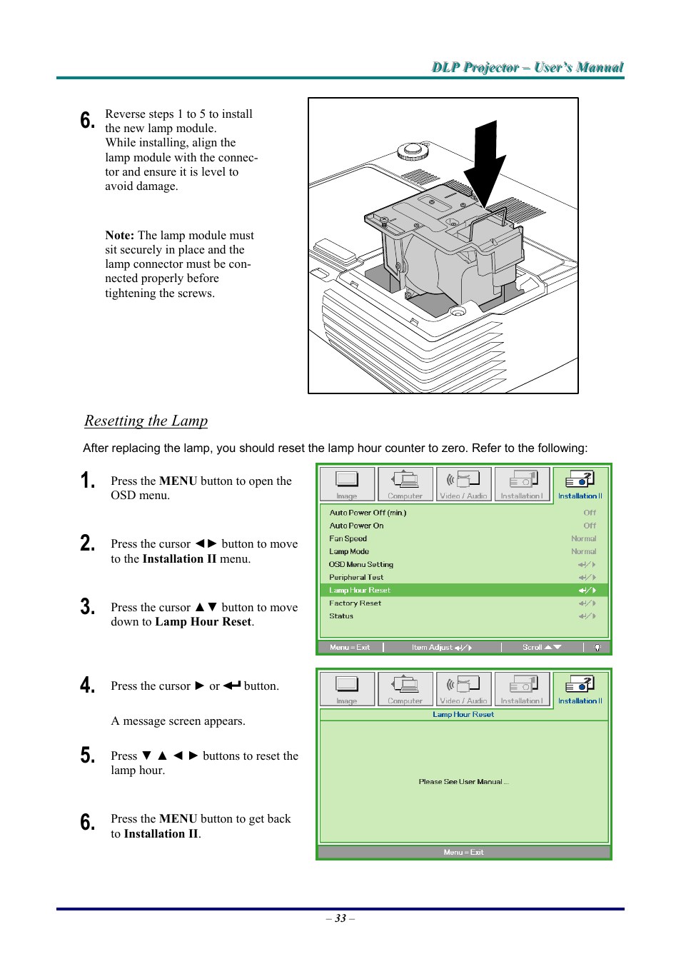 Resetting the lamp | LG DX325 User Manual | Page 39 / 50
