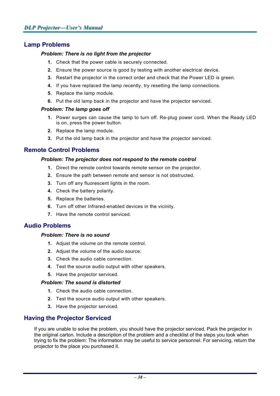 Lamp problems, Remote control problems, Audio problems | Having the projector serviced, Roblems, Emote, Ontrol, Udio, Aving the, Rojector | LG DX325 User Manual | Page 44 / 50