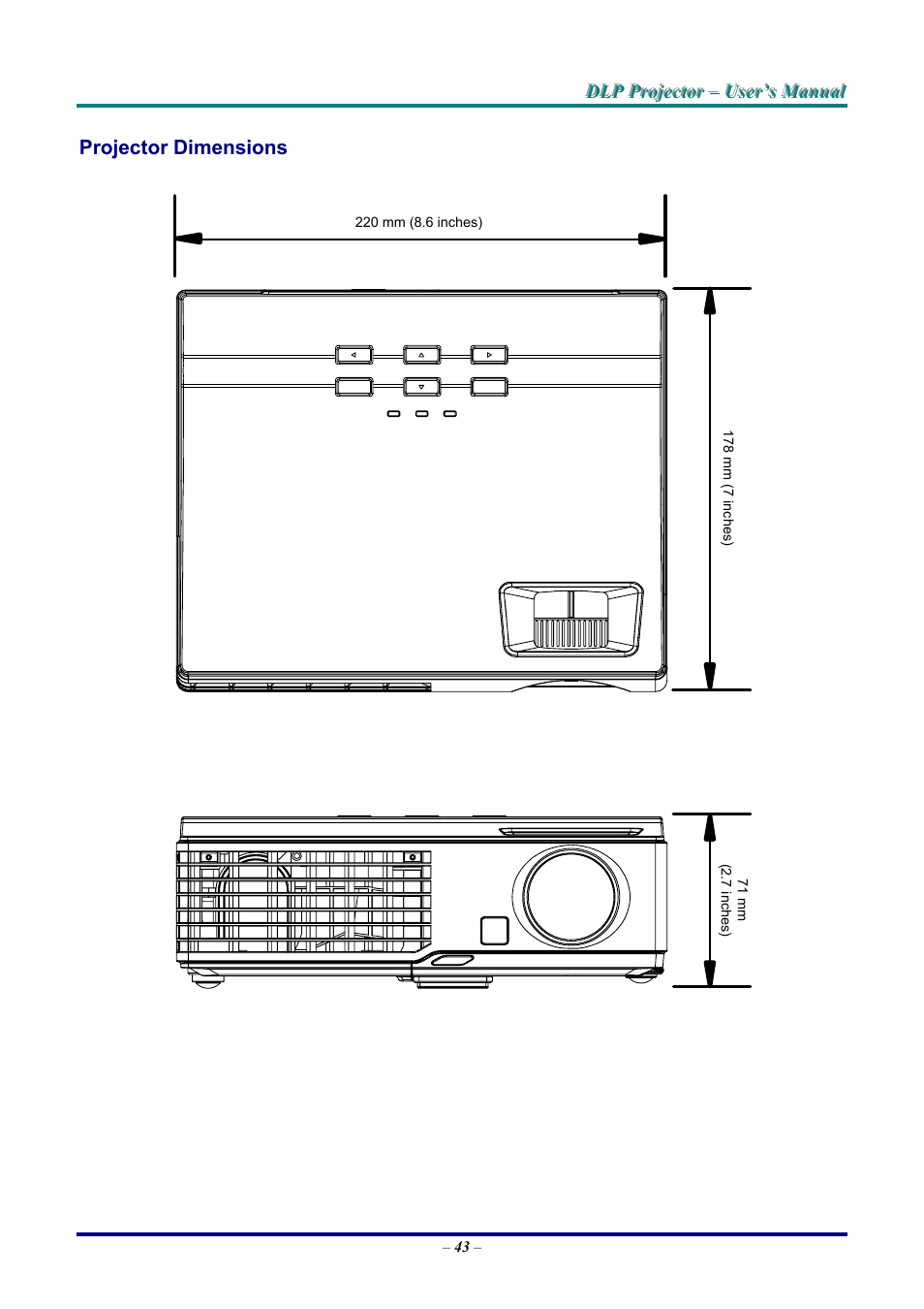 Projector dimensions, Rojector, Imensions | LG DX325 User Manual | Page 49 / 50